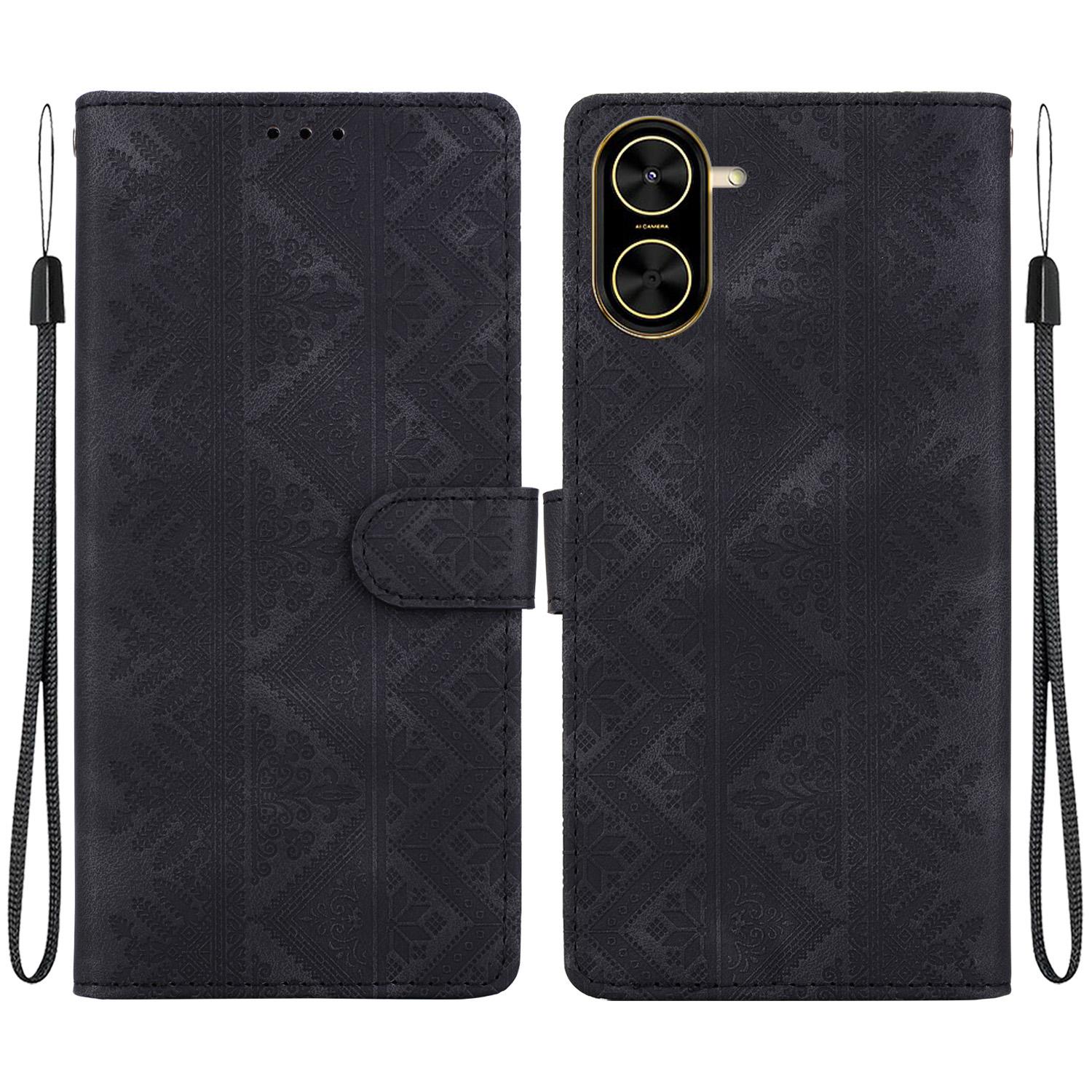 For Redmi A7 4G 171.8mm / A5 4G 171.7mm Ethnic Pattern Embossed Vegan Leather Phone Case(Black) - Shopkiz.com