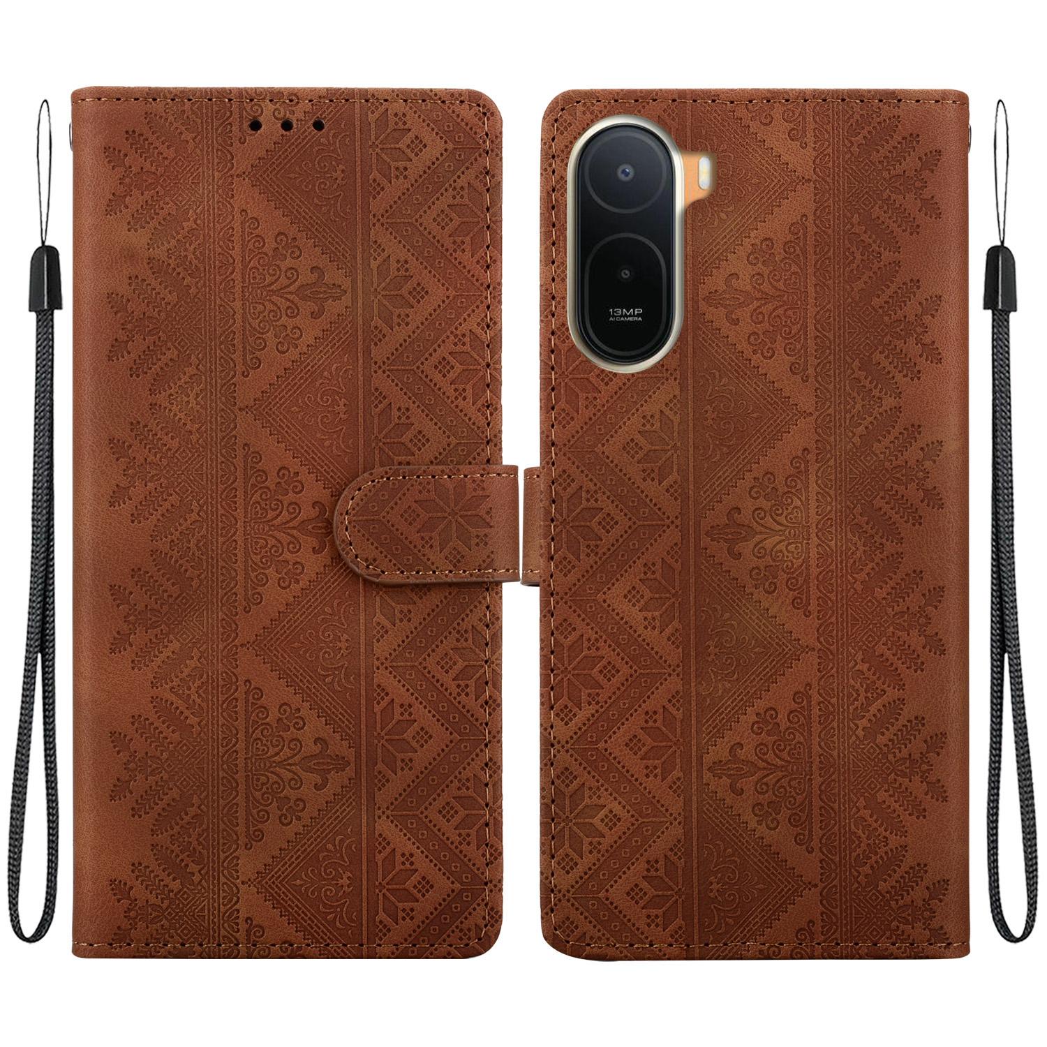 For Redmi A7 Pro 171mm / Poco C85x 5G Ethnic Pattern Embossed Vegan Leather Phone Case(Brown) - Shopkiz.com