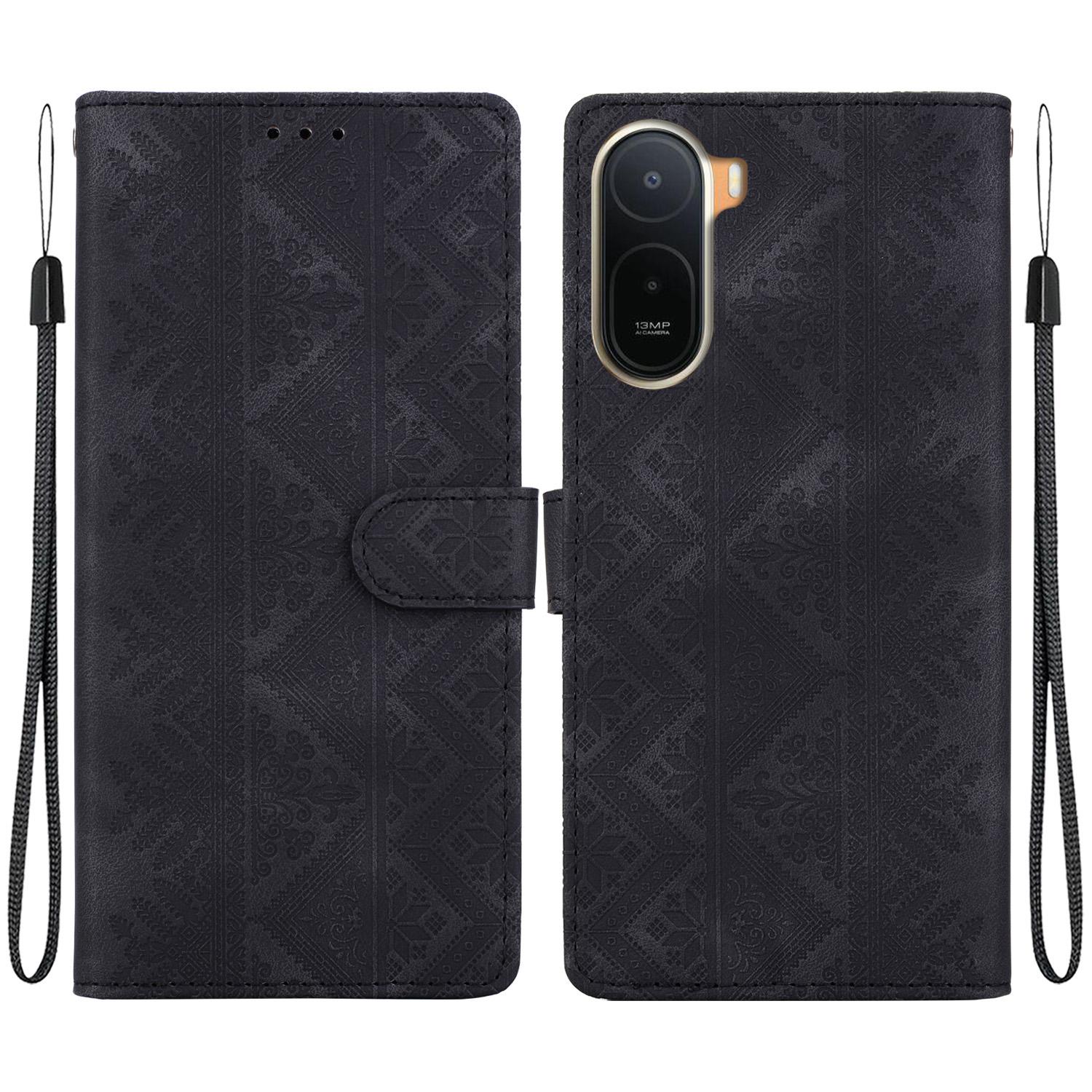 For Redmi A7 Pro 171mm / Poco C85x 5G Ethnic Pattern Embossed Vegan Leather Phone Case(Black) - Shopkiz.com