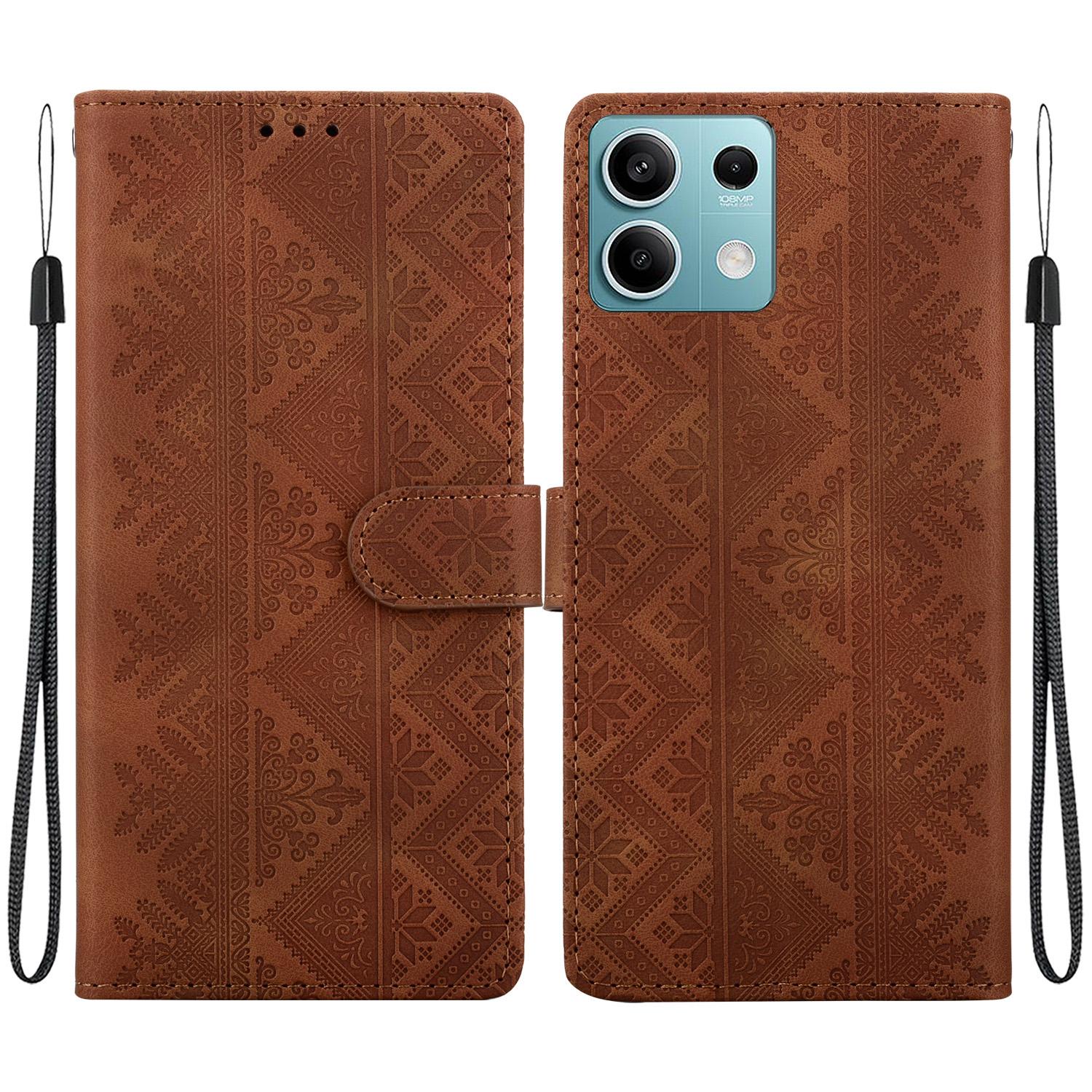 For Redmi Note 13 5G Ethnic Pattern Embossed Vegan Leather Phone Case(Brown) - Shopkiz.com