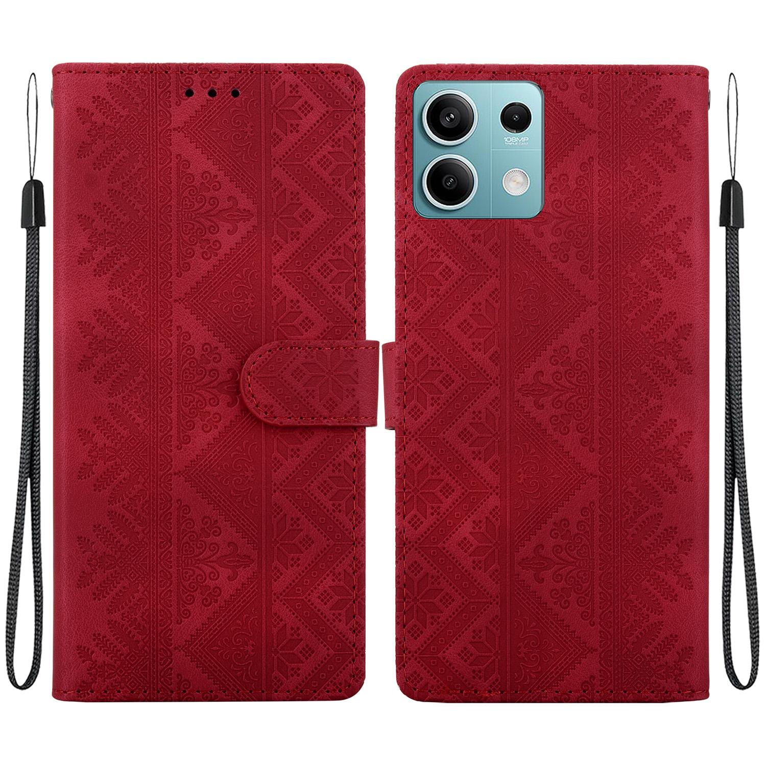 For Redmi Note 13 5G Ethnic Pattern Embossed Vegan Leather Phone Case(Red) - Shopkiz.com
