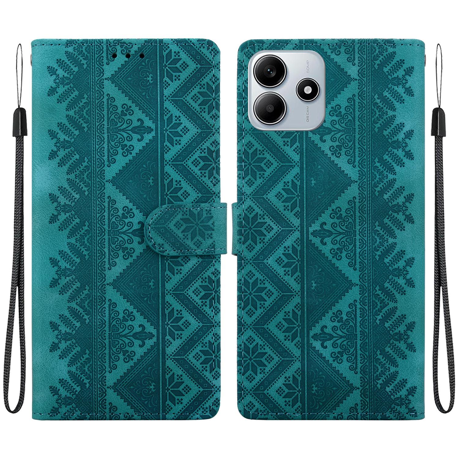 For Redmi Note 14 5G Ethnic Pattern Embossed Vegan Leather Phone Case(Green) - Shopkiz.com