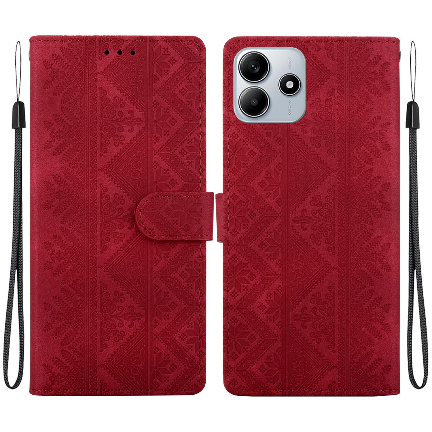 For Redmi Note 14 5G Ethnic Pattern Embossed Vegan Leather Phone Case(Red) - Shopkiz.com