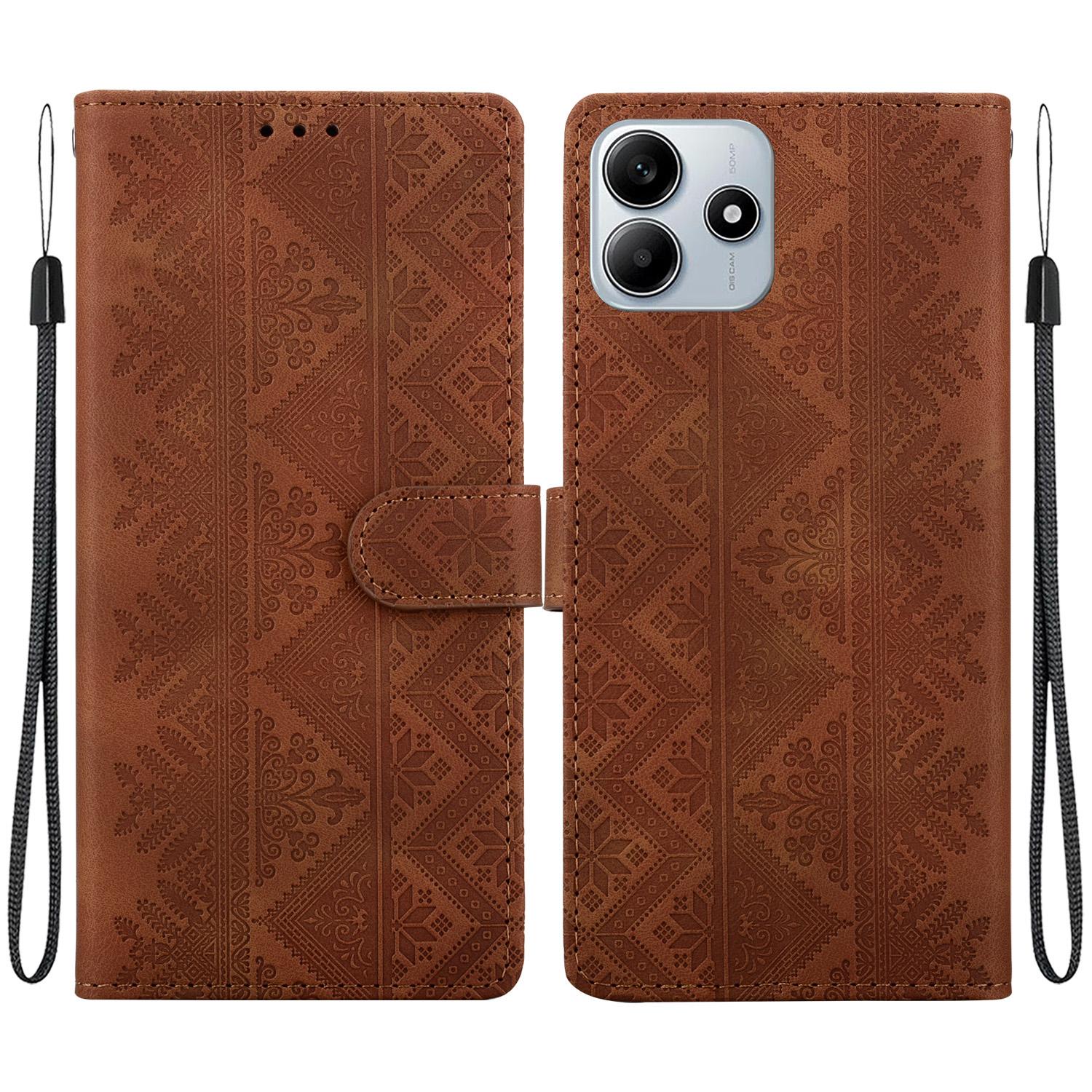 For Redmi Note 14 4G 164.84mm Ethnic Pattern Embossed Vegan Leather Phone Case(Brown) - Shopkiz.com