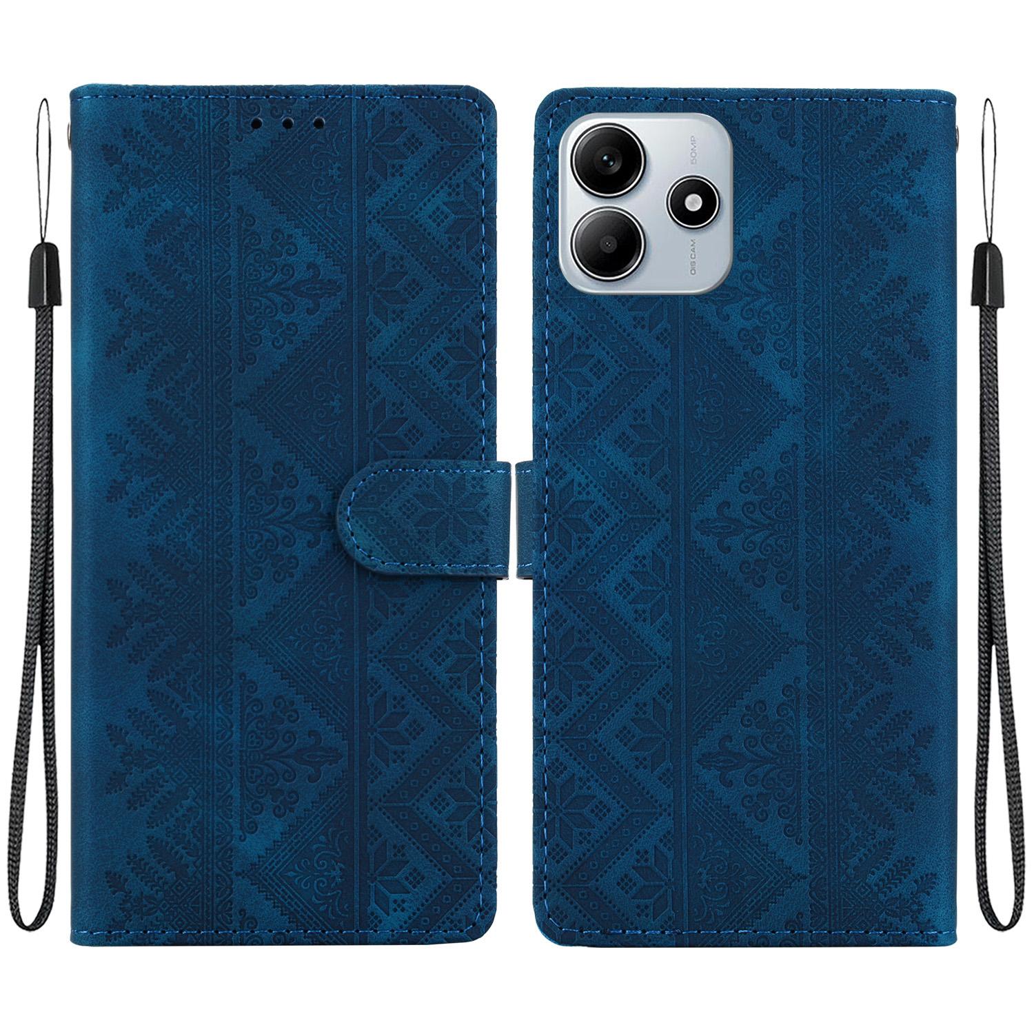 For Redmi Note 14 4G 164.84mm Ethnic Pattern Embossed Vegan Leather Phone Case(Dark Blue) - Shopkiz.com