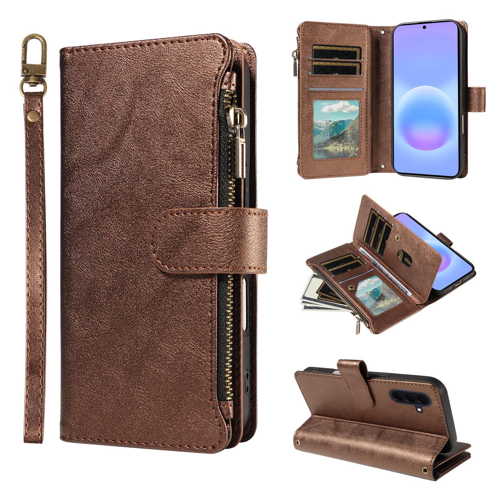 For Galaxy A57 5G Imitation Calf Vegan Leather 9 Card Slots Zipper Phone Case with Wrist Strap(Bronze) - Shopkiz.com