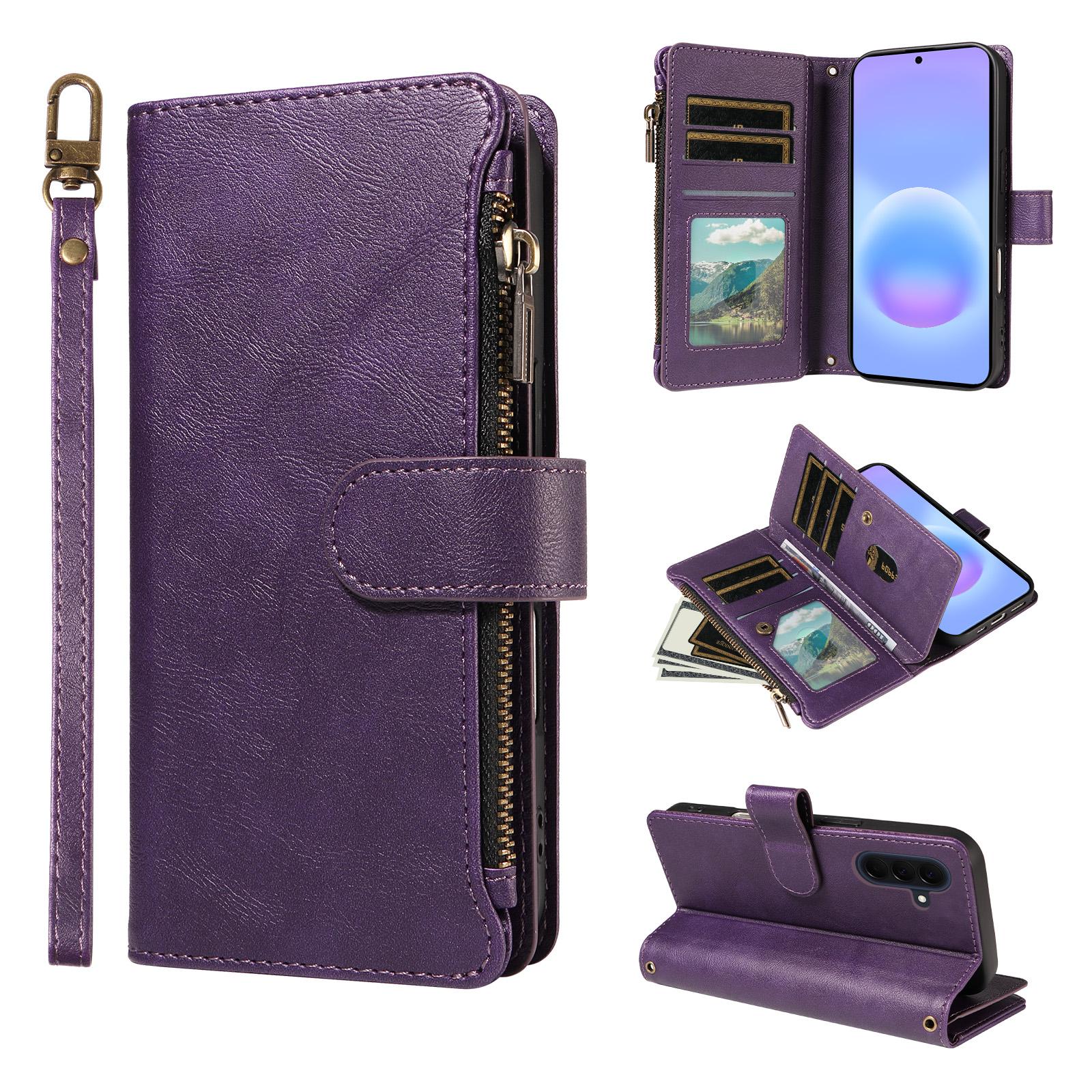 For Galaxy A57 5G Imitation Calf Vegan Leather 9 Card Slots Zipper Phone Case with Wrist Strap(Purple) - Shopkiz.com