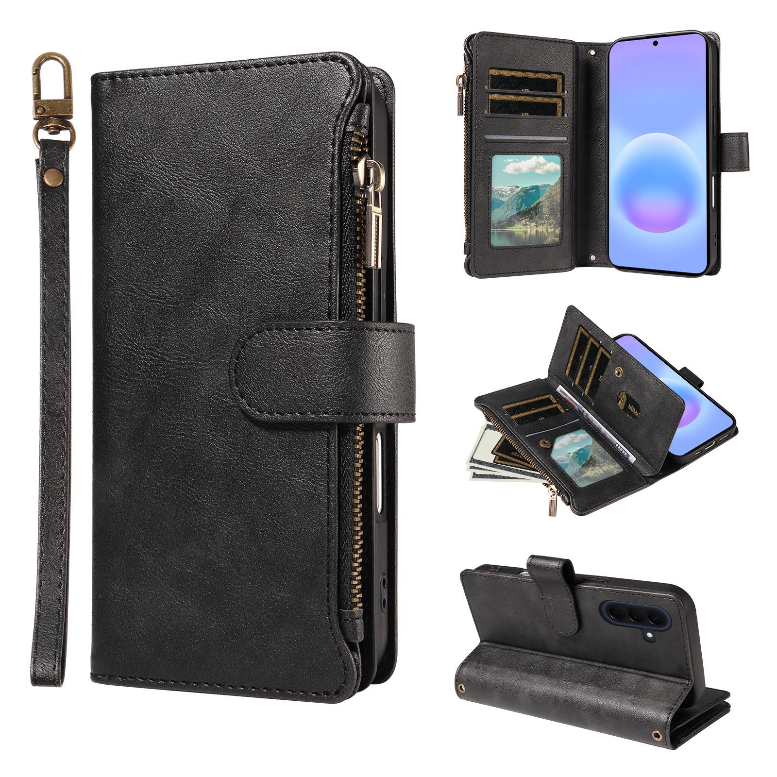 For Galaxy A57 5G Imitation Calf Vegan Leather 9 Card Slots Zipper Phone Case with Wrist Strap(Black) - Shopkiz.com