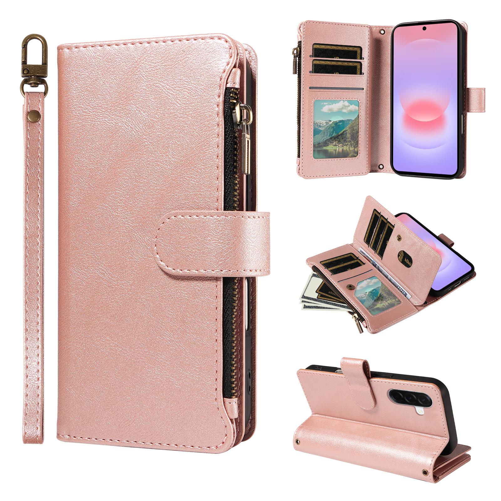 For Galaxy A37 5G Imitation Calf Vegan Leather 9 Card Slots Zipper Phone Case with Wrist Strap(Rose Gold) - Shopkiz.com