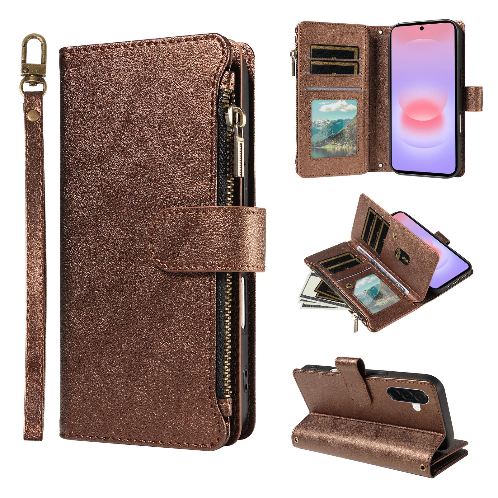 For Galaxy A37 5G Imitation Calf Vegan Leather 9 Card Slots Zipper Phone Case with Wrist Strap(Bronze) - Shopkiz.com