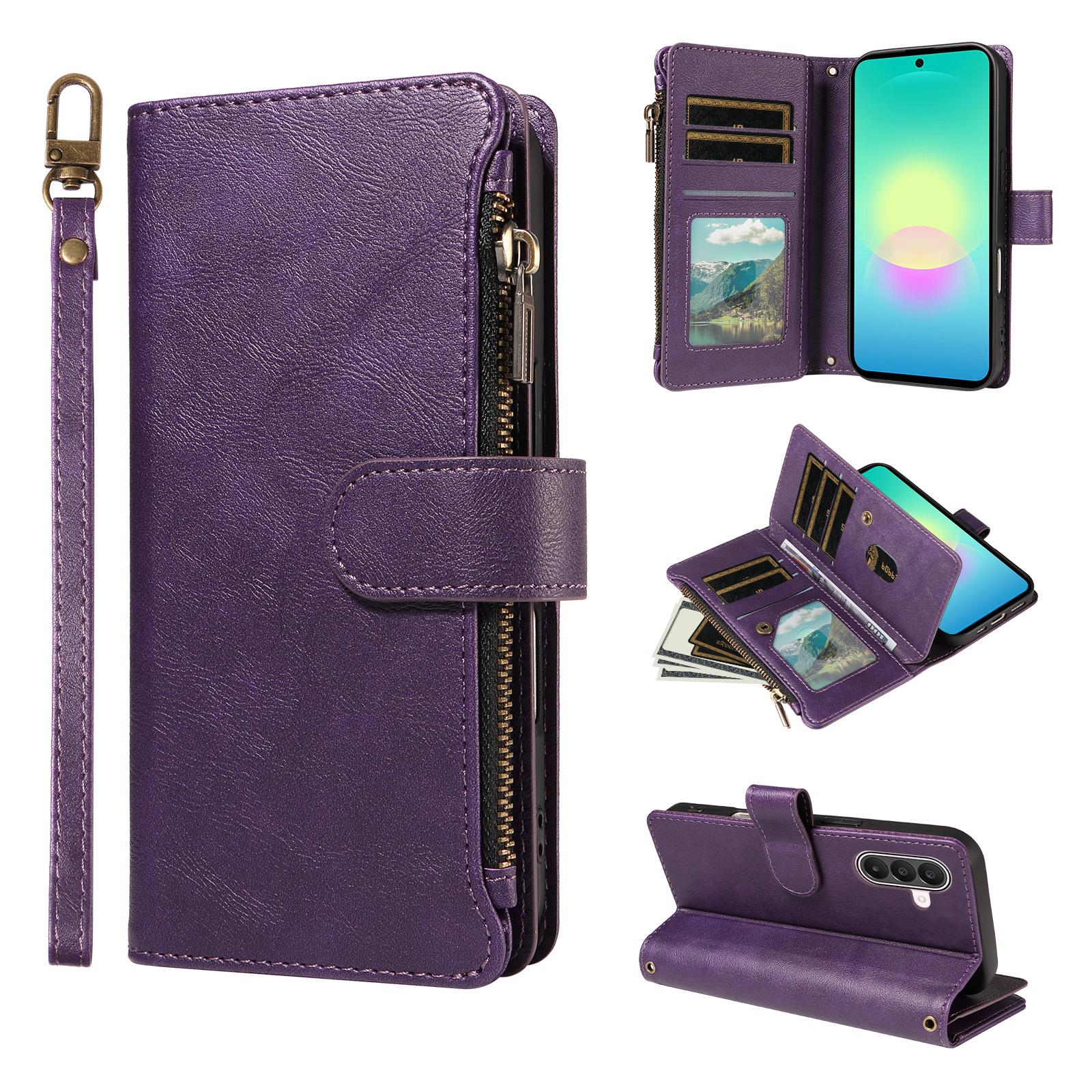 For Galaxy A27 5G Imitation Calf Vegan Leather 9 Card Slots Zipper Phone Case with Wrist Strap(Purple) - Shopkiz.com
