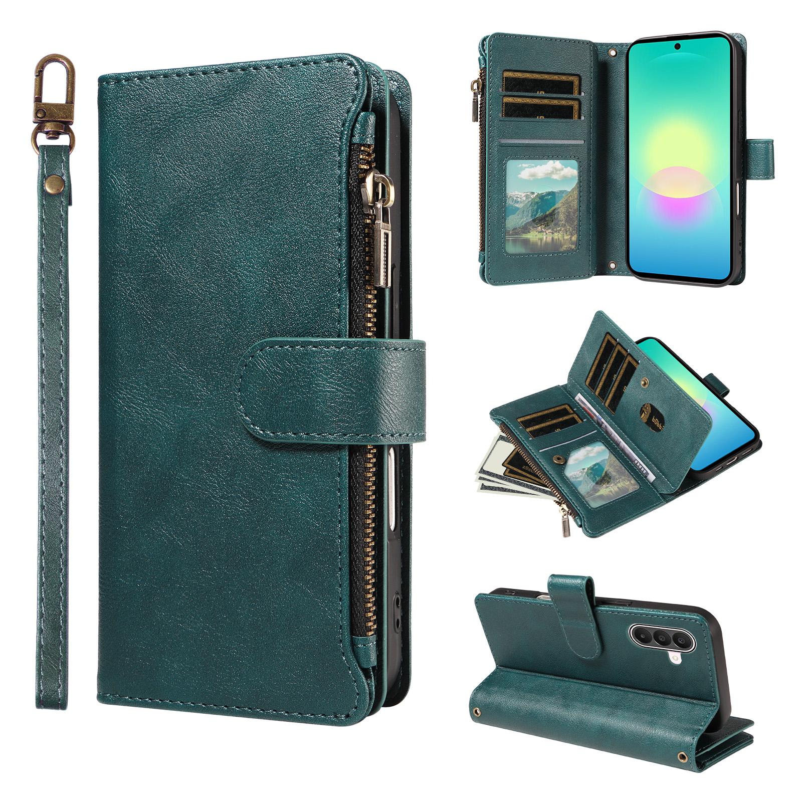 For Galaxy A27 5G Imitation Calf Vegan Leather 9 Card Slots Zipper Phone Case with Wrist Strap(Green) - Shopkiz.com