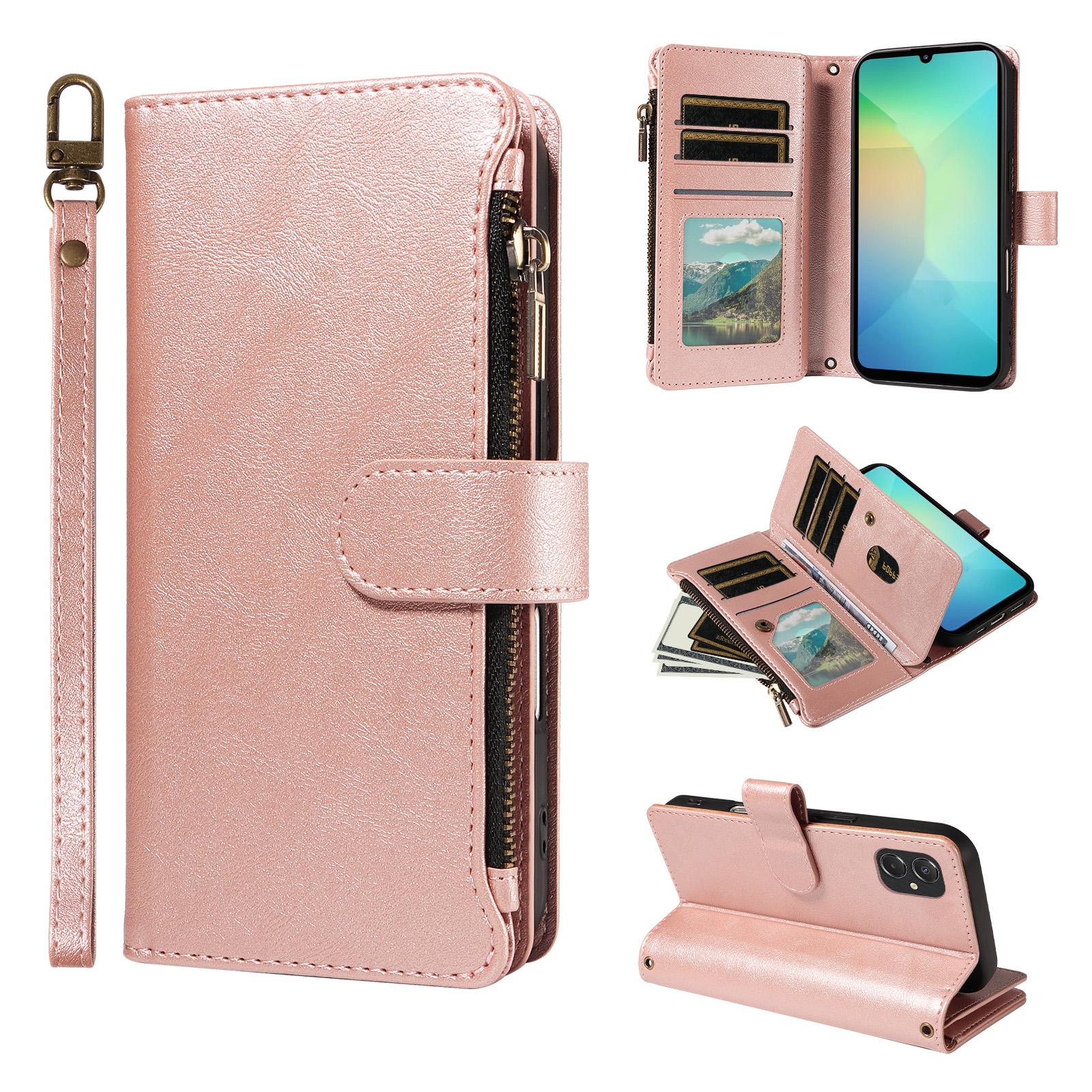 For Galaxy A07 5G / A06 5G / 4G Imitation Calf Vegan Leather 9 Card Slots Zipper Phone Case with Wrist Strap(Rose Gold) - Shopkiz.com