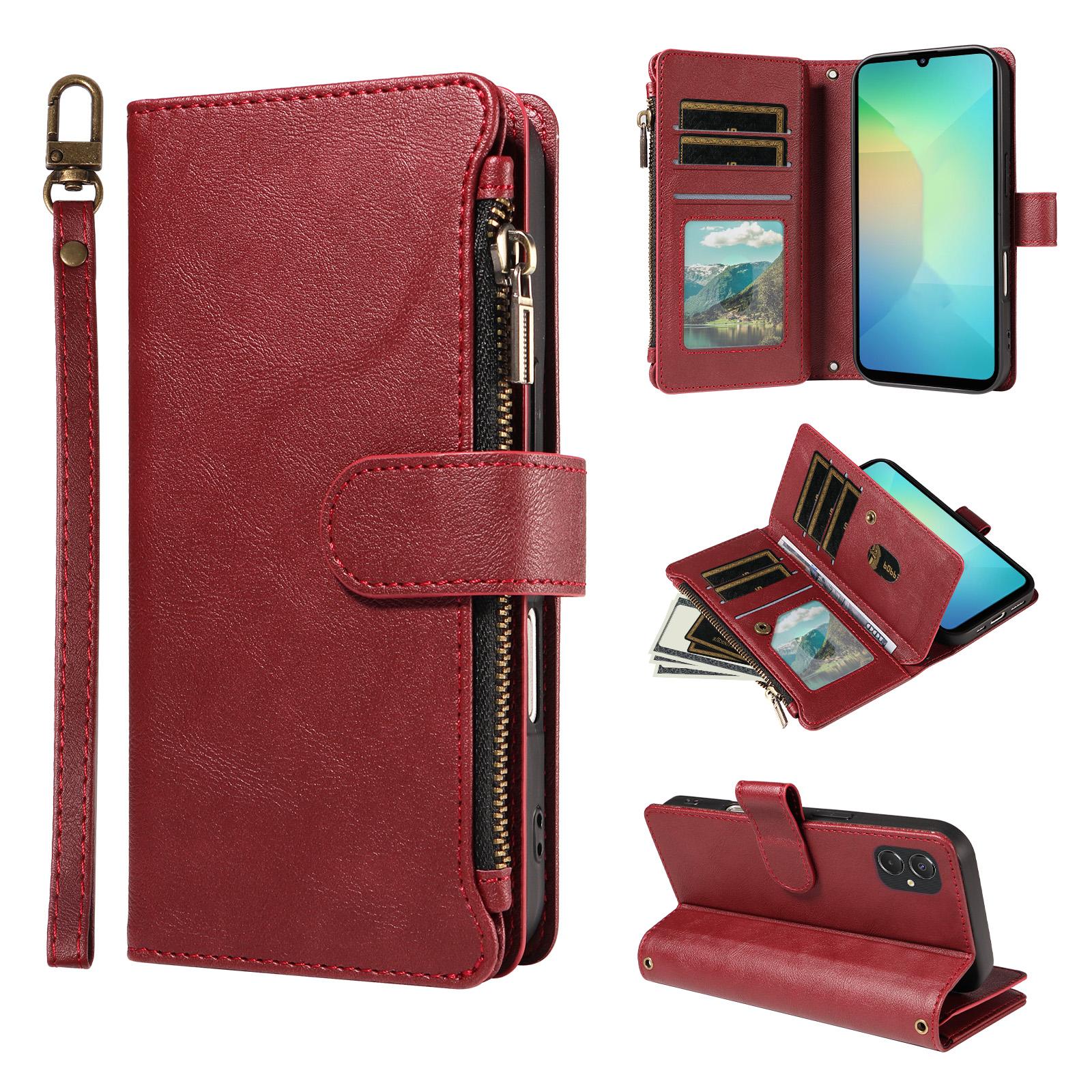 For Galaxy A07 5G / A06 5G / 4G Imitation Calf Vegan Leather 9 Card Slots Zipper Phone Case with Wrist Strap(Red) - Shopkiz.com