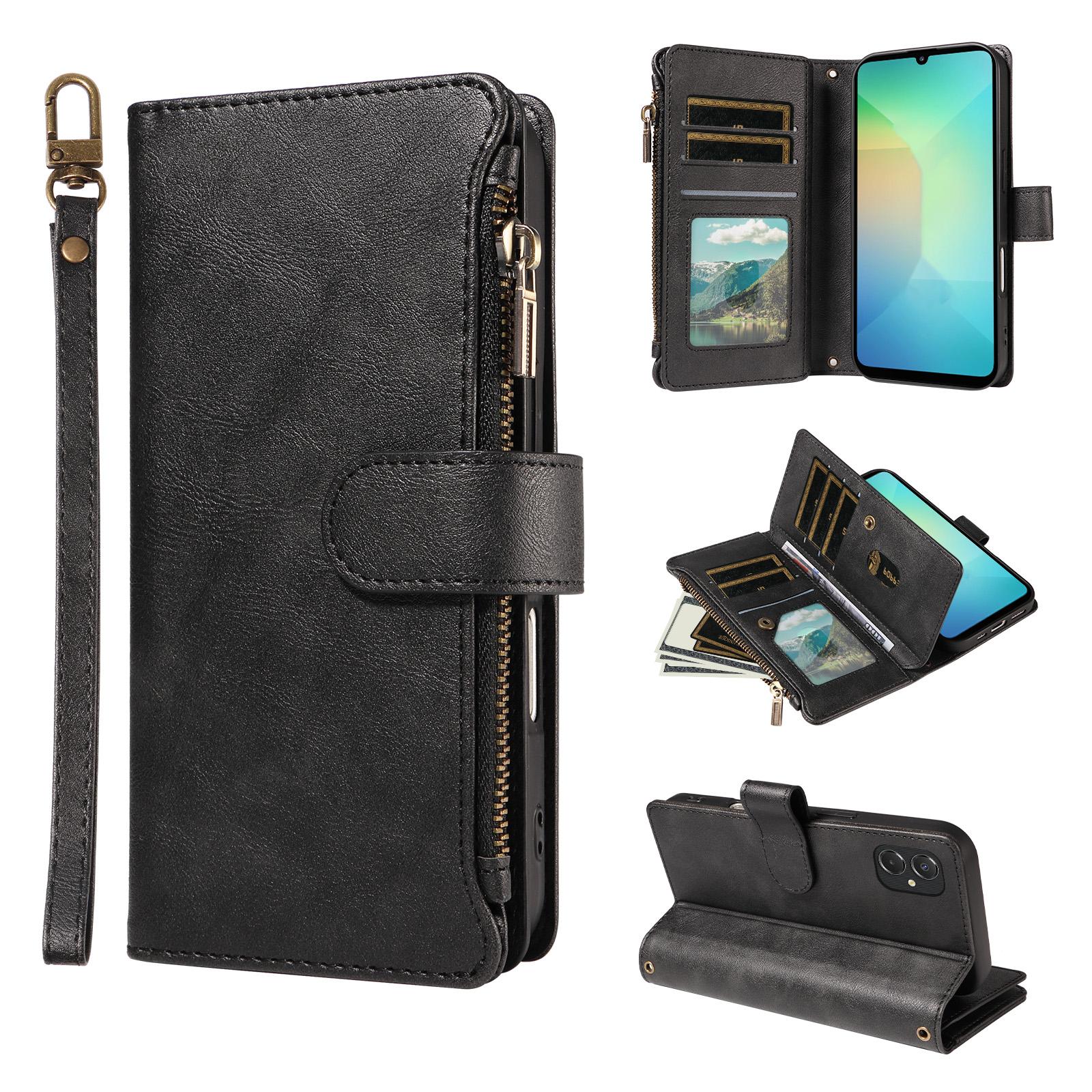 For Galaxy A07 5G / A06 5G / 4G Imitation Calf Vegan Leather 9 Card Slots Zipper Phone Case with Wrist Strap(Black) - Shopkiz.com