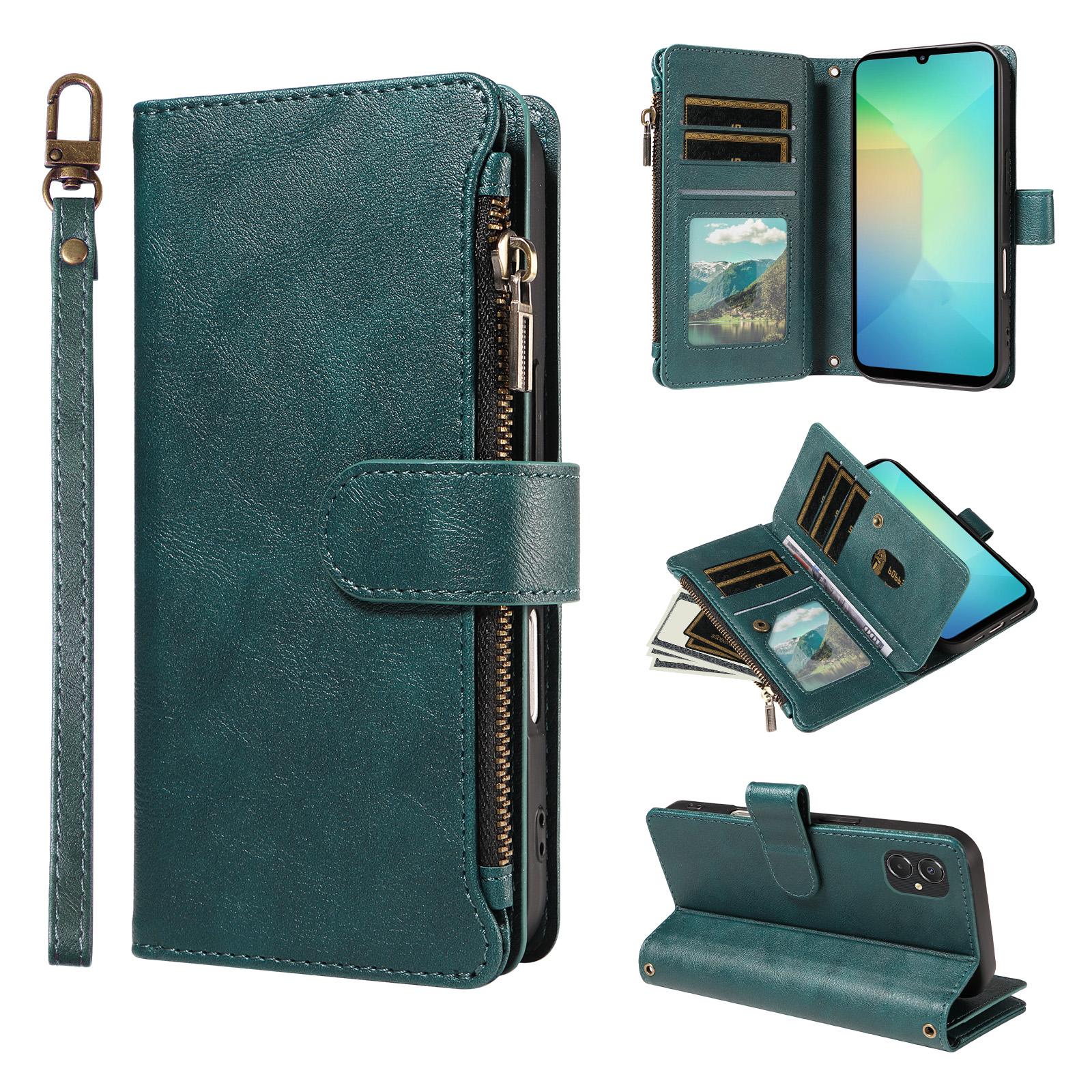 For Galaxy A07 5G / A06 5G / 4G Imitation Calf Vegan Leather 9 Card Slots Zipper Phone Case with Wrist Strap(Green) - Shopkiz.com