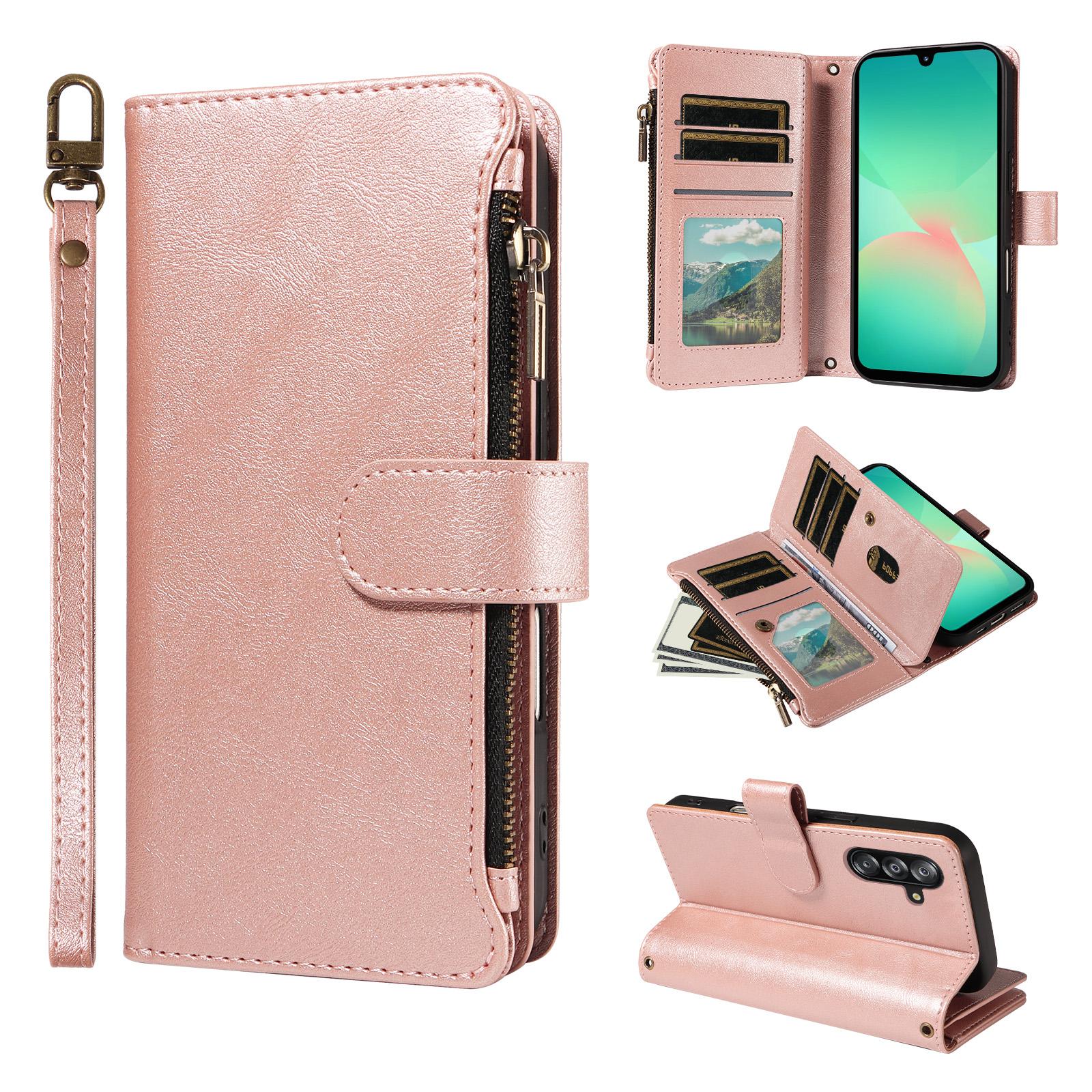 For Galaxy A26 / A17 / A16 5G Imitation Calf Vegan Leather 9 Card Slots Zipper Phone Case with Wrist Strap(Rose Gold) - Shopkiz.com