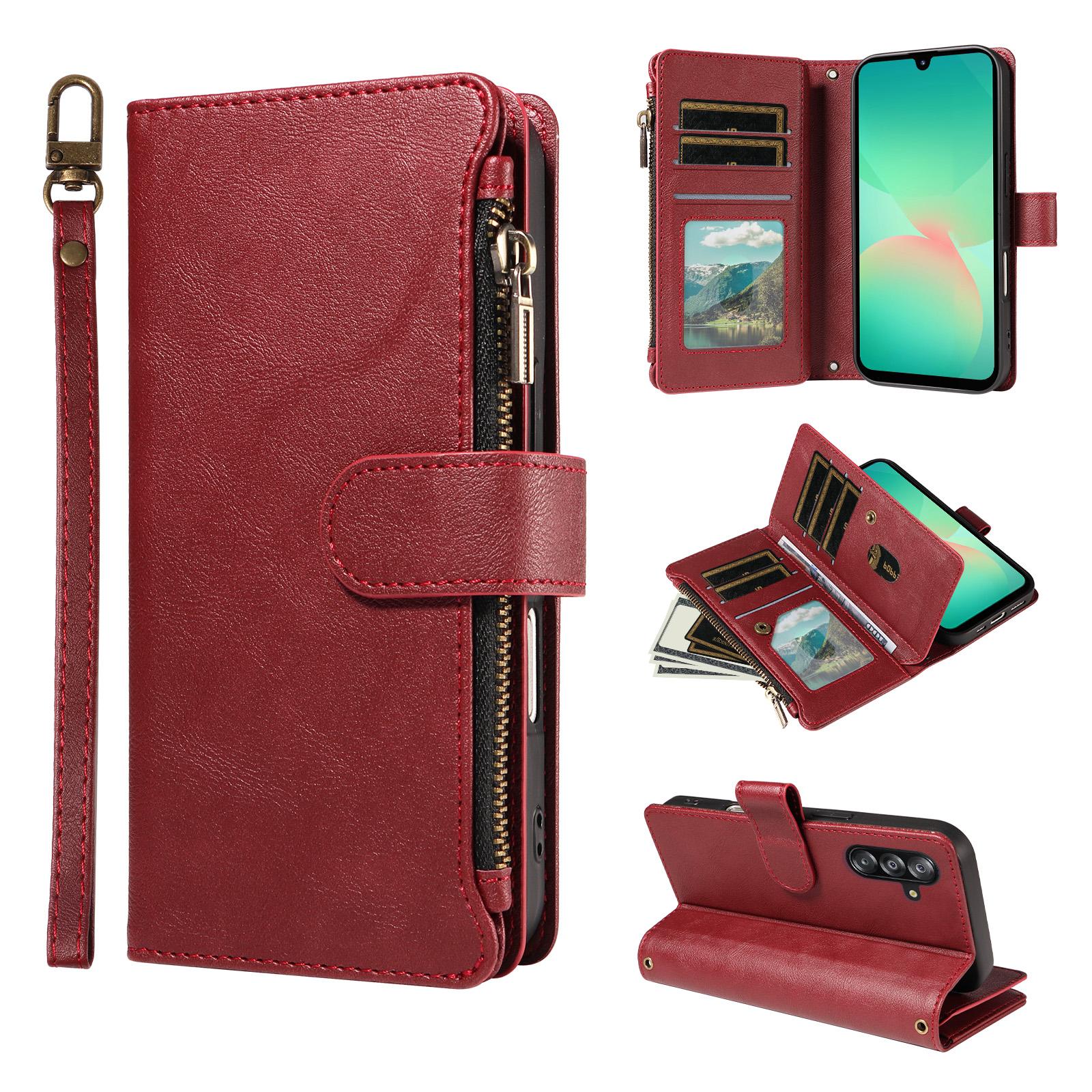 For Galaxy A26 / A17 / A16 5G Imitation Calf Vegan Leather 9 Card Slots Zipper Phone Case with Wrist Strap(Red) - Shopkiz.com
