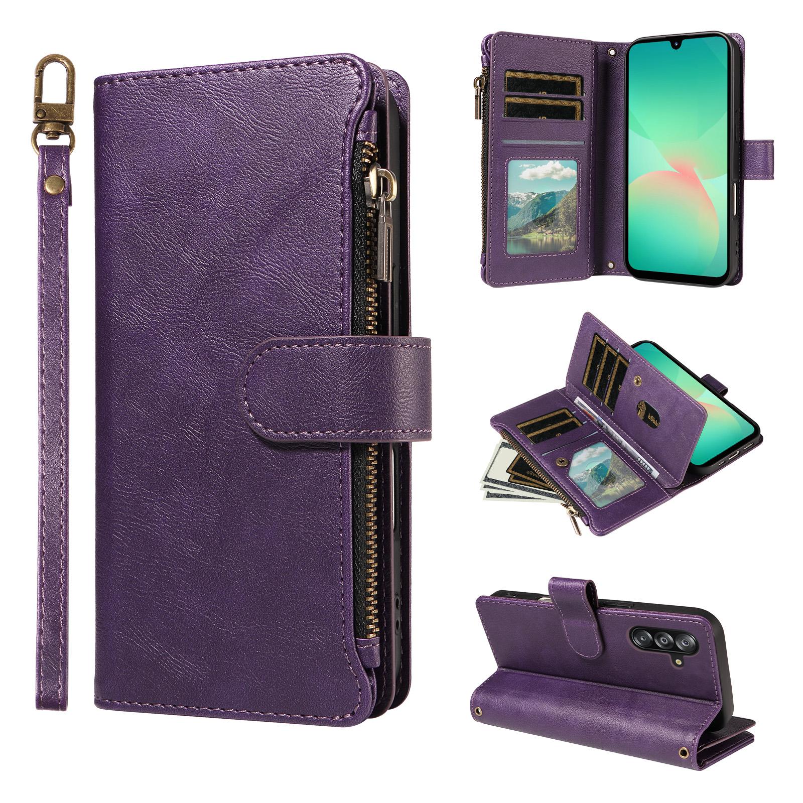 For Galaxy A26 / A17 / A16 5G Imitation Calf Vegan Leather 9 Card Slots Zipper Phone Case with Wrist Strap(Purple) - Shopkiz.com