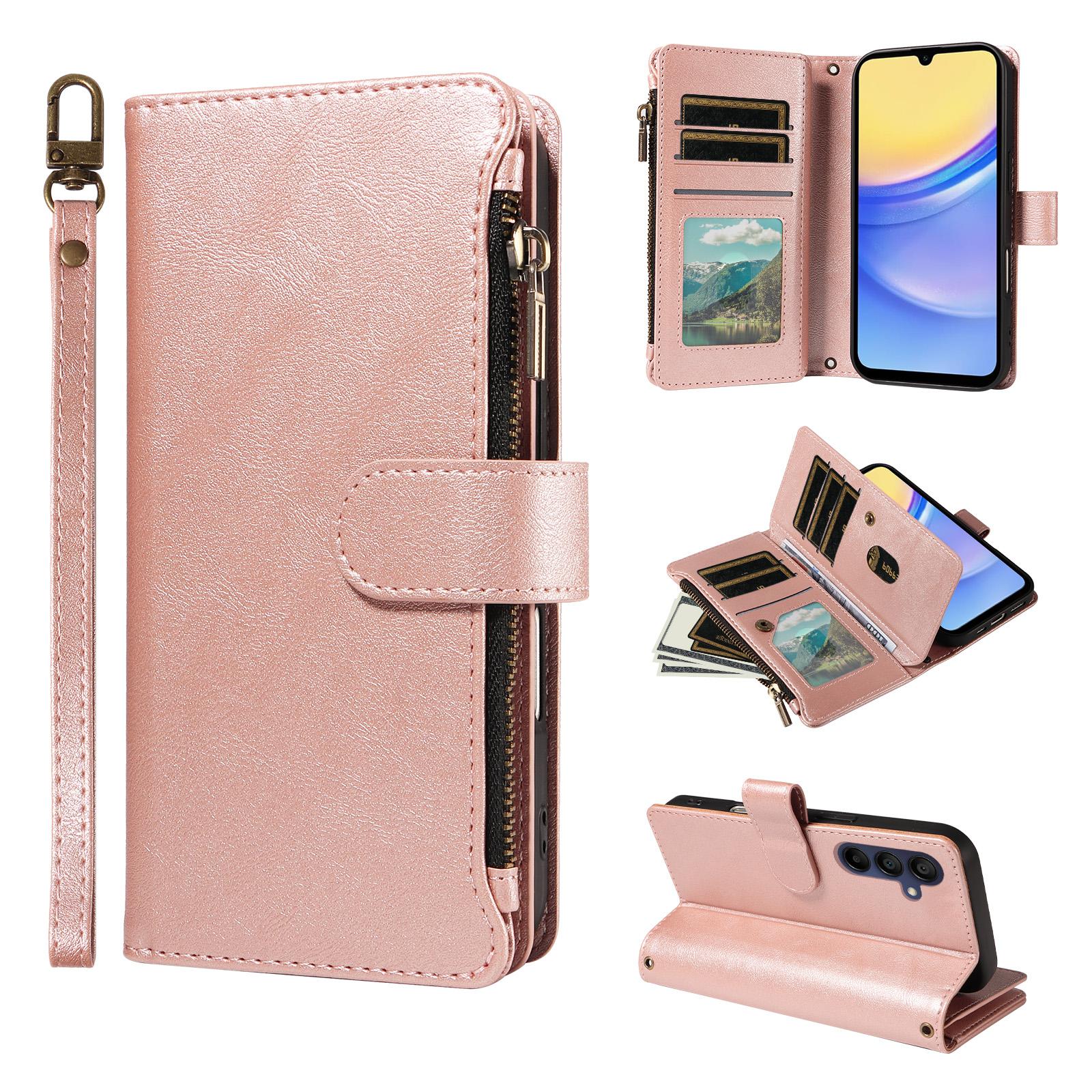 For Galaxy A15 5G Imitation Calf Vegan Leather 9 Card Slots Zipper Phone Case with Wrist Strap(Rose Gold) - Shopkiz.com