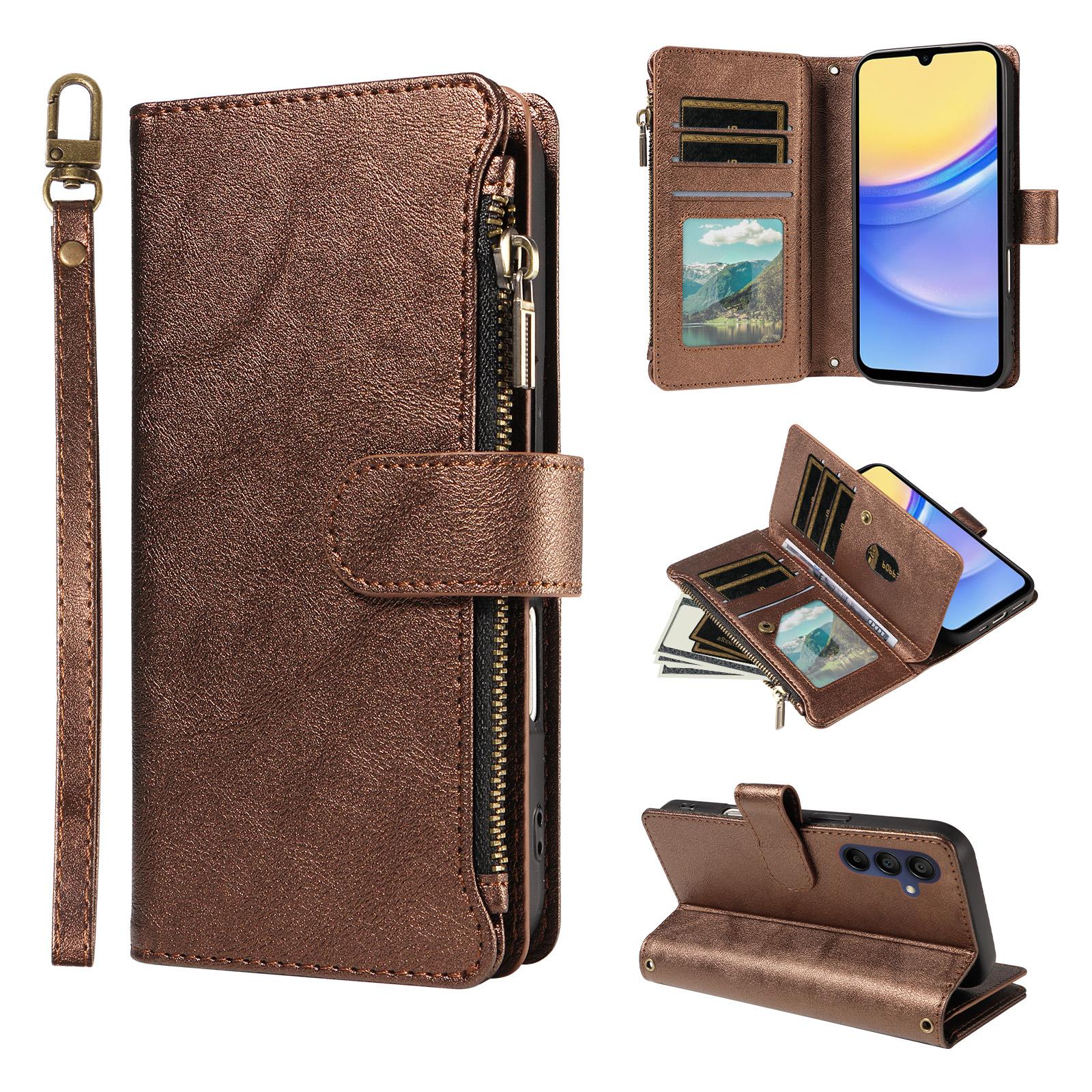 For Galaxy A15 5G Imitation Calf Vegan Leather 9 Card Slots Zipper Phone Case with Wrist Strap(Bronze) - Shopkiz.com