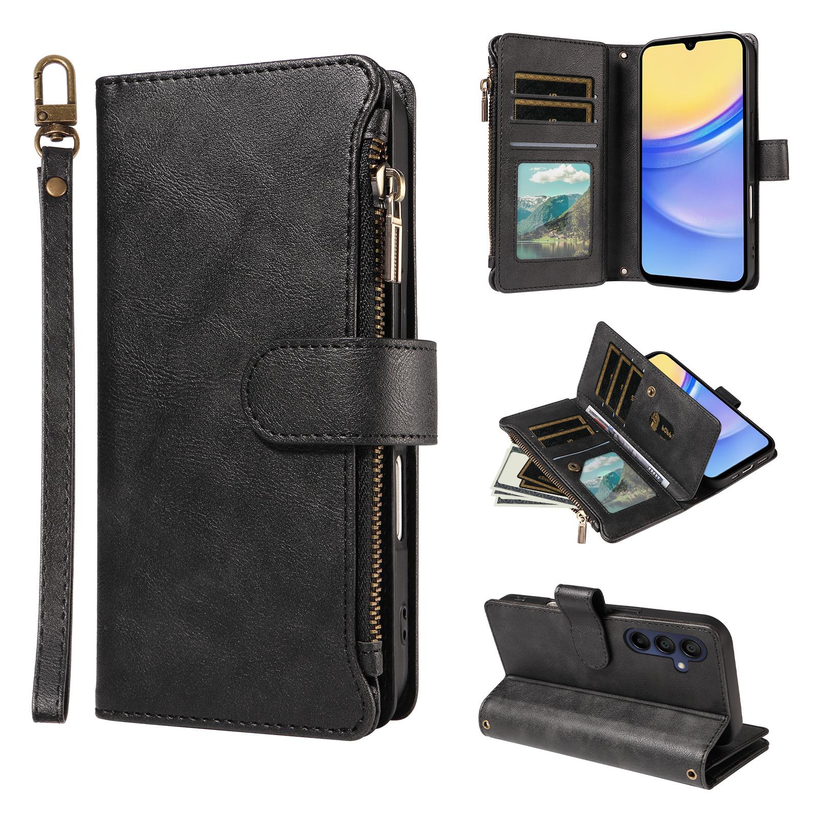 For Galaxy A15 5G Imitation Calf Vegan Leather 9 Card Slots Zipper Phone Case with Wrist Strap(Black) - Shopkiz.com