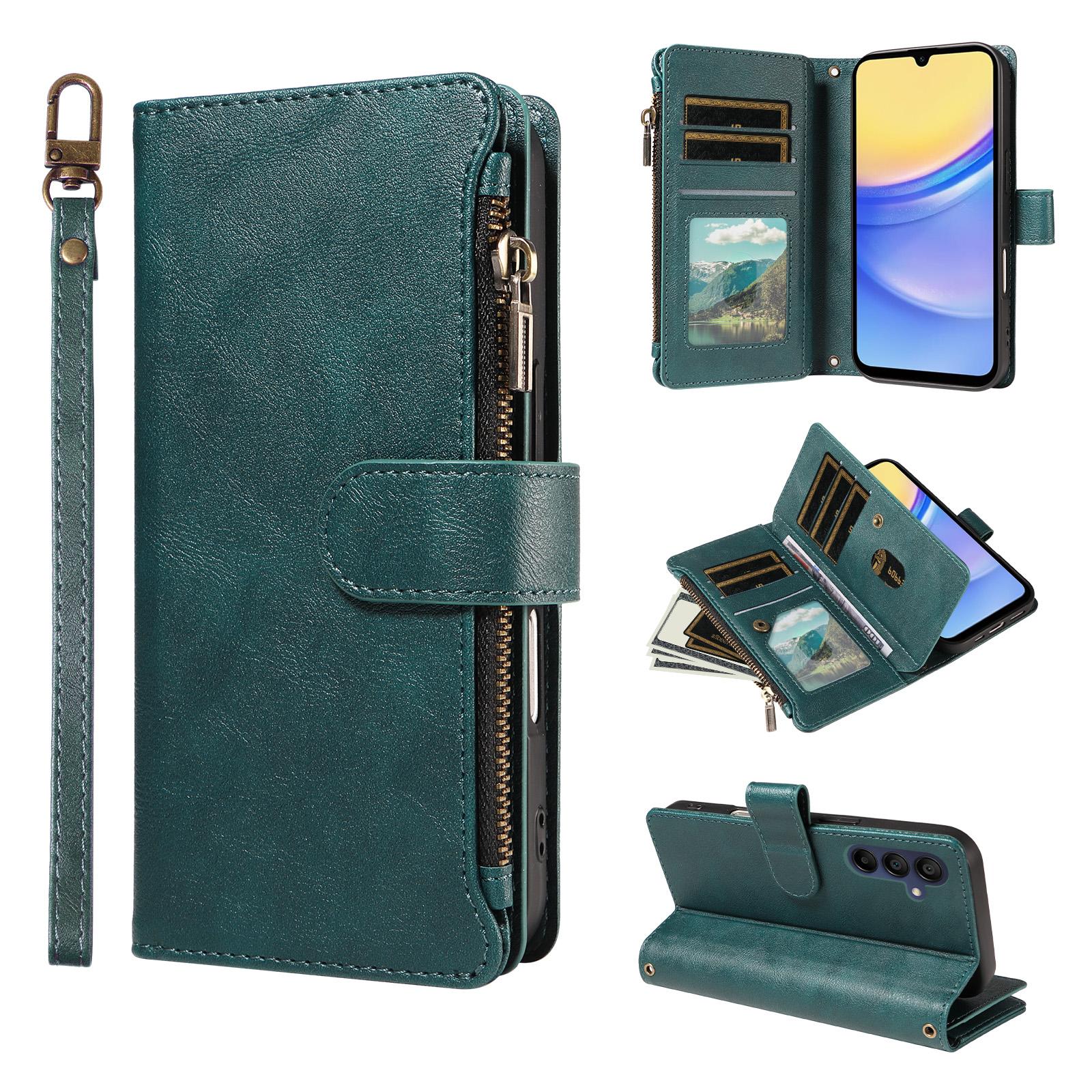 For Galaxy A15 5G Imitation Calf Vegan Leather 9 Card Slots Zipper Phone Case with Wrist Strap(Green) - Shopkiz.com