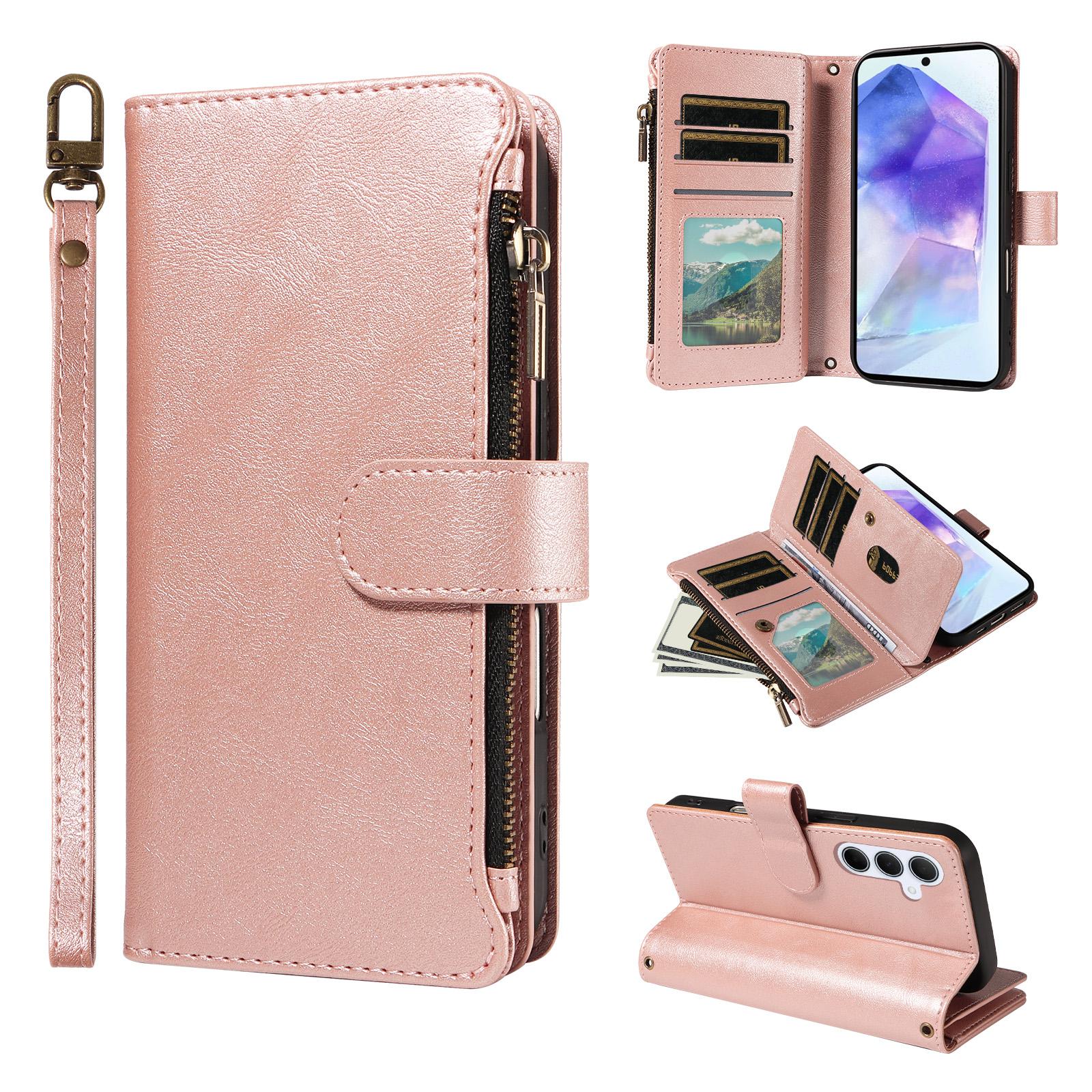 For Galaxy A55 5G Imitation Calf Vegan Leather 9 Card Slots Zipper Phone Case with Wrist Strap(Rose Gold) - Shopkiz.com