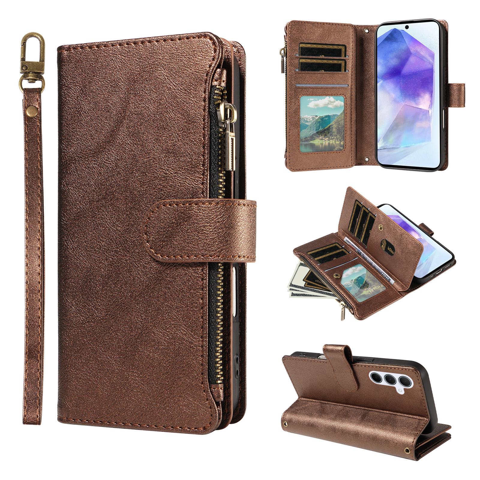 For Galaxy A55 5G Imitation Calf Vegan Leather 9 Card Slots Zipper Phone Case with Wrist Strap(Bronze) - Shopkiz.com