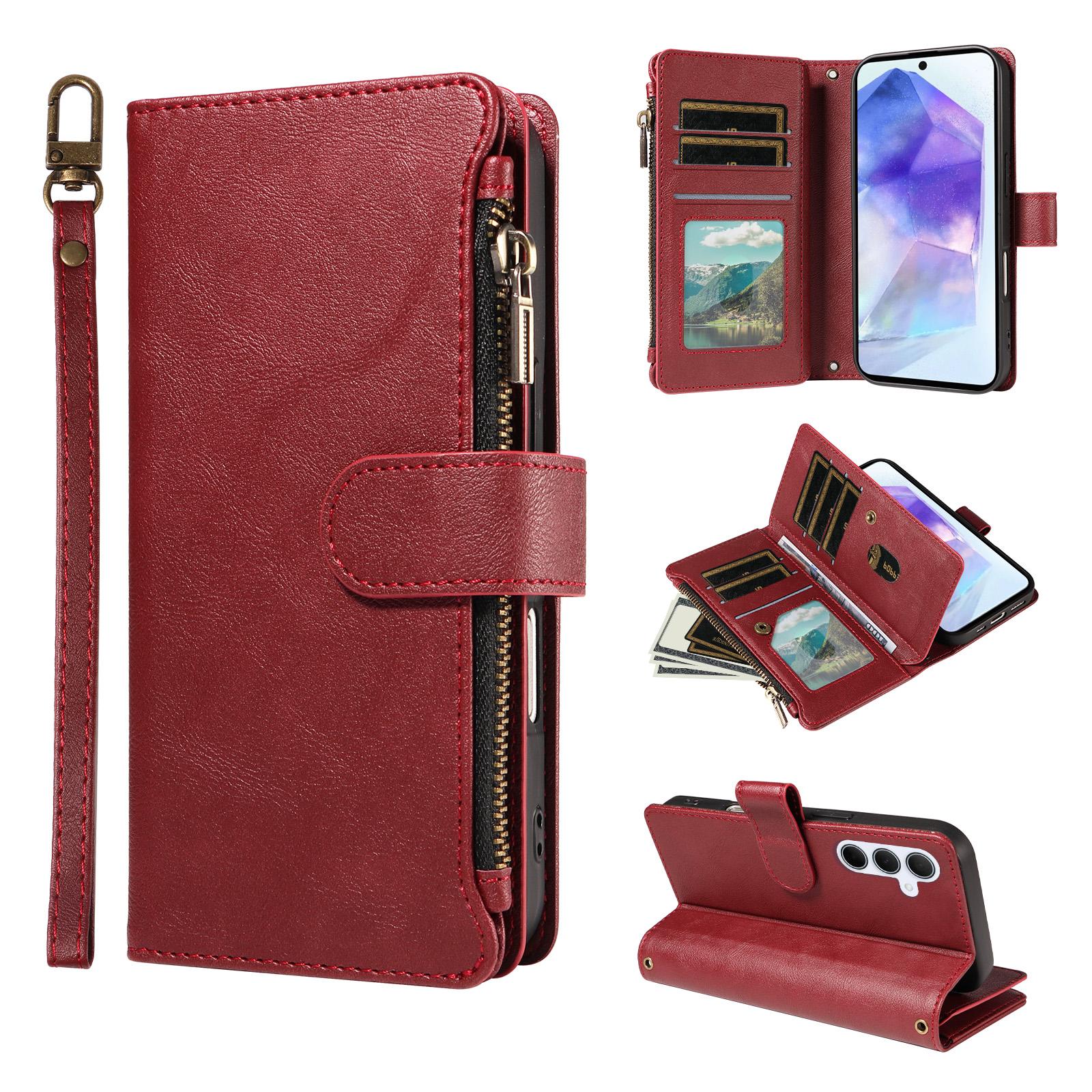 For Galaxy A55 5G Imitation Calf Vegan Leather 9 Card Slots Zipper Phone Case with Wrist Strap(Red) - Shopkiz.com