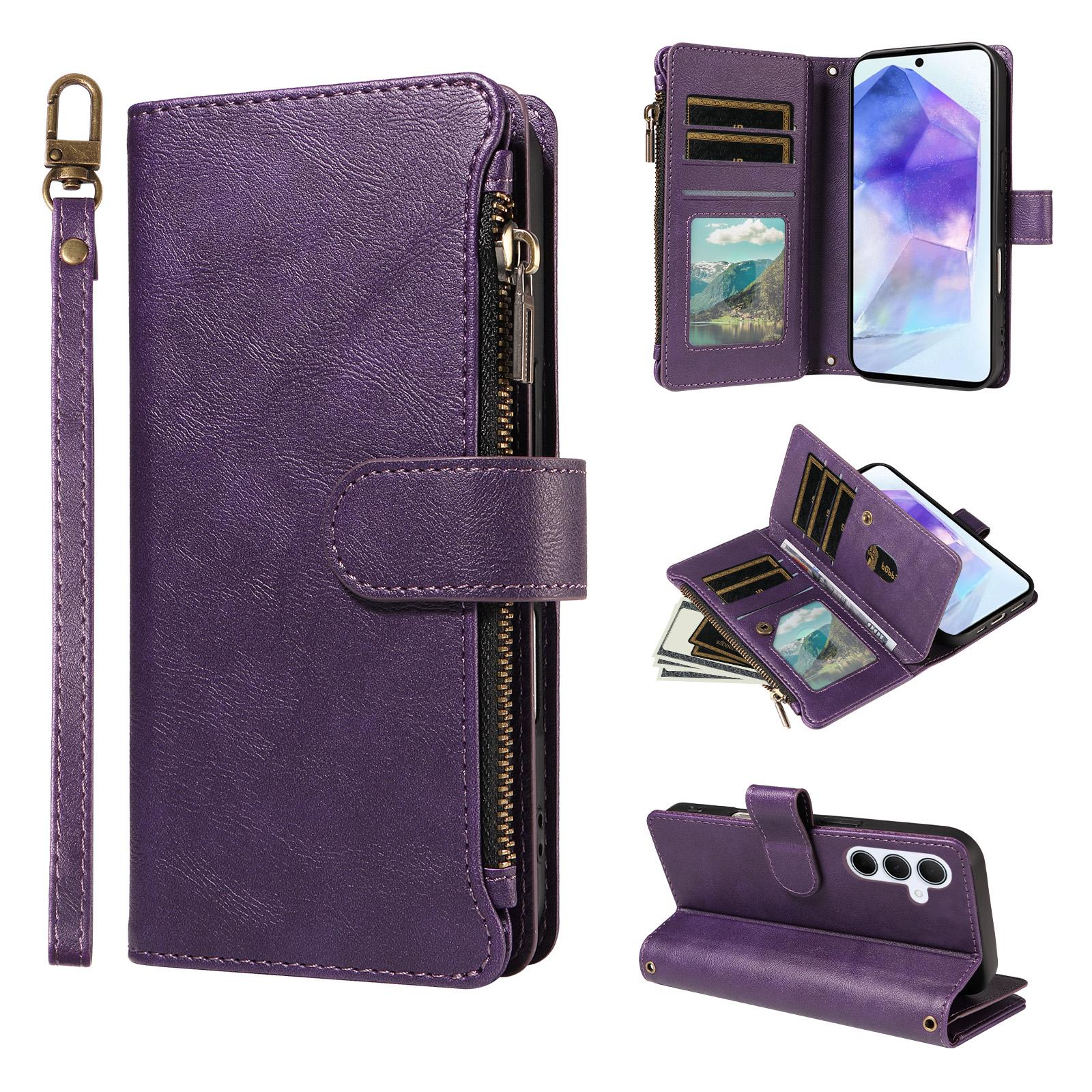 For Galaxy A55 5G Imitation Calf Vegan Leather 9 Card Slots Zipper Phone Case with Wrist Strap(Purple) - Shopkiz.com