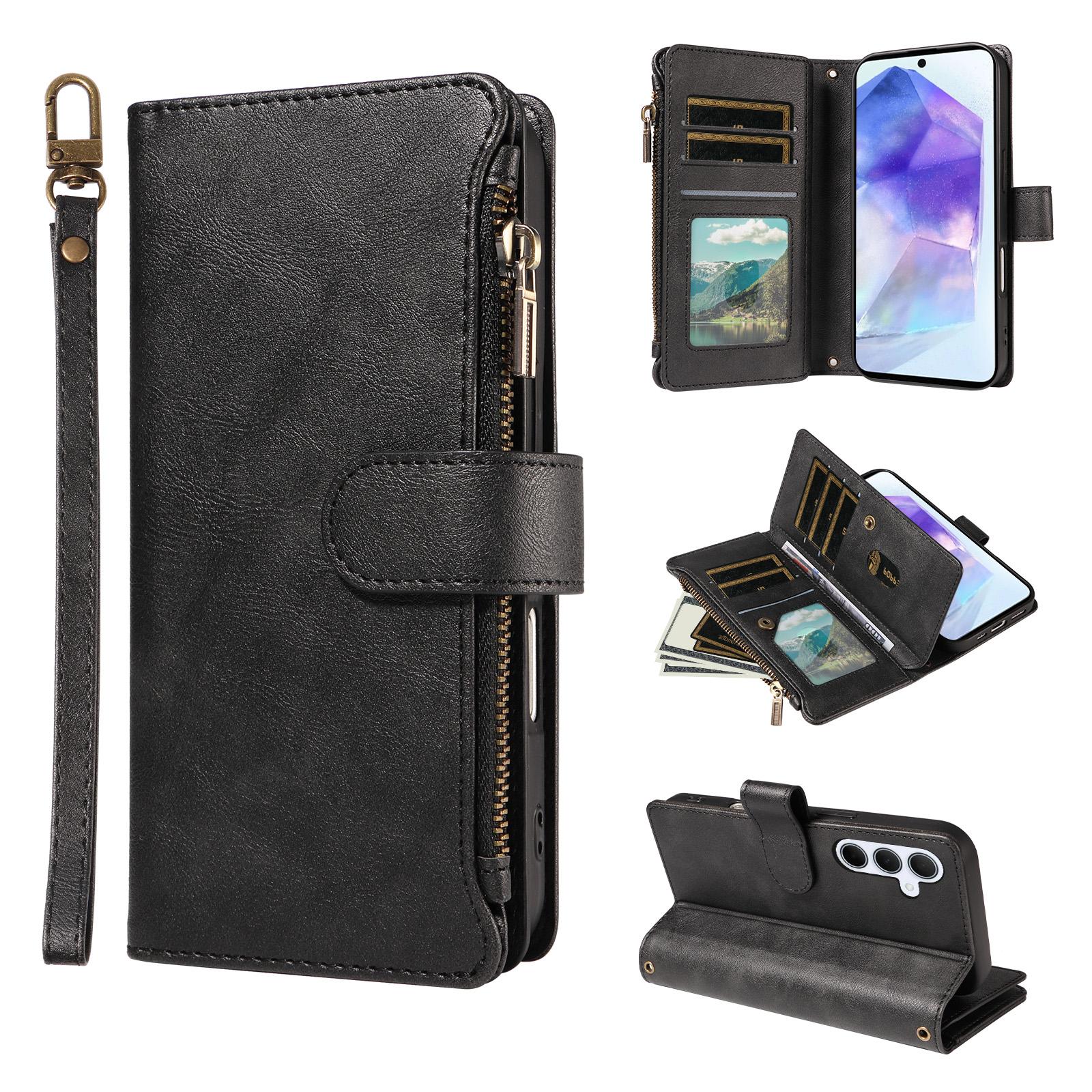 For Galaxy A55 5G Imitation Calf Vegan Leather 9 Card Slots Zipper Phone Case with Wrist Strap(Black) - Shopkiz.com