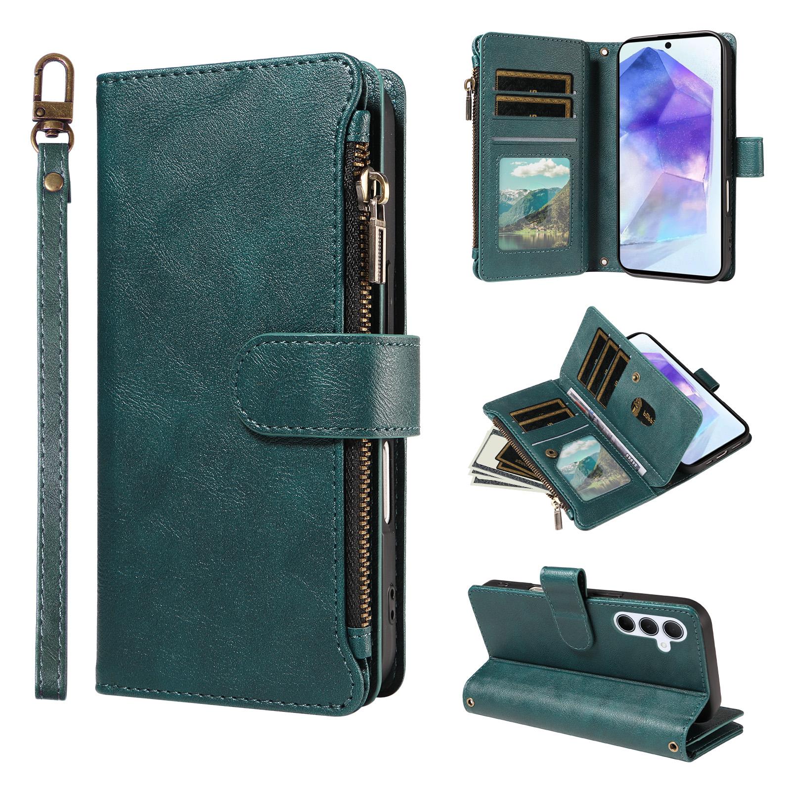 For Galaxy A55 5G Imitation Calf Vegan Leather 9 Card Slots Zipper Phone Case with Wrist Strap(Green) - Shopkiz.com