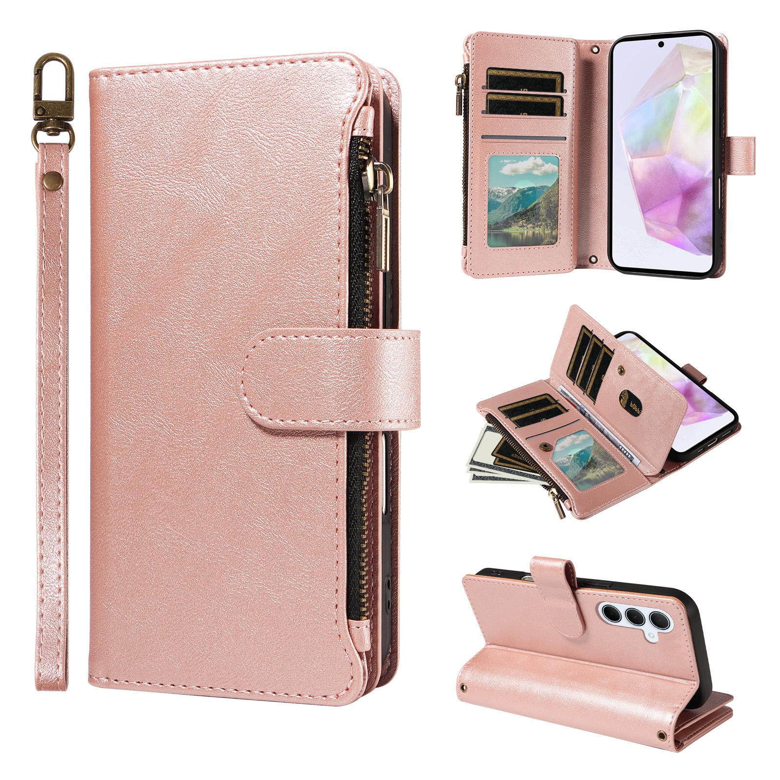 For Galaxy A35 5G Imitation Calf Vegan Leather 9 Card Slots Zipper Phone Case with Wrist Strap(Rose Gold) - Shopkiz.com