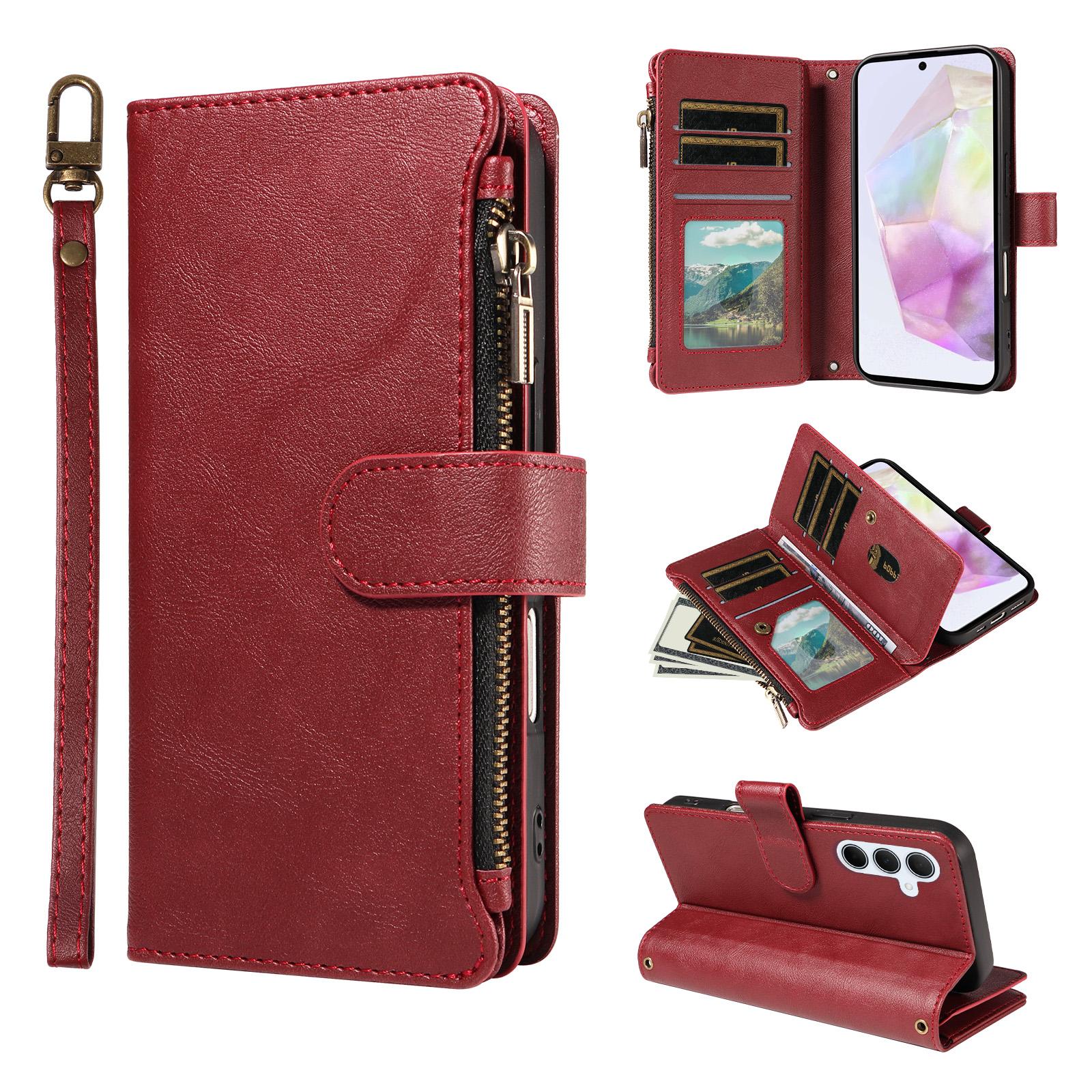For Galaxy A35 5G Imitation Calf Vegan Leather 9 Card Slots Zipper Phone Case with Wrist Strap(Red) - Shopkiz.com