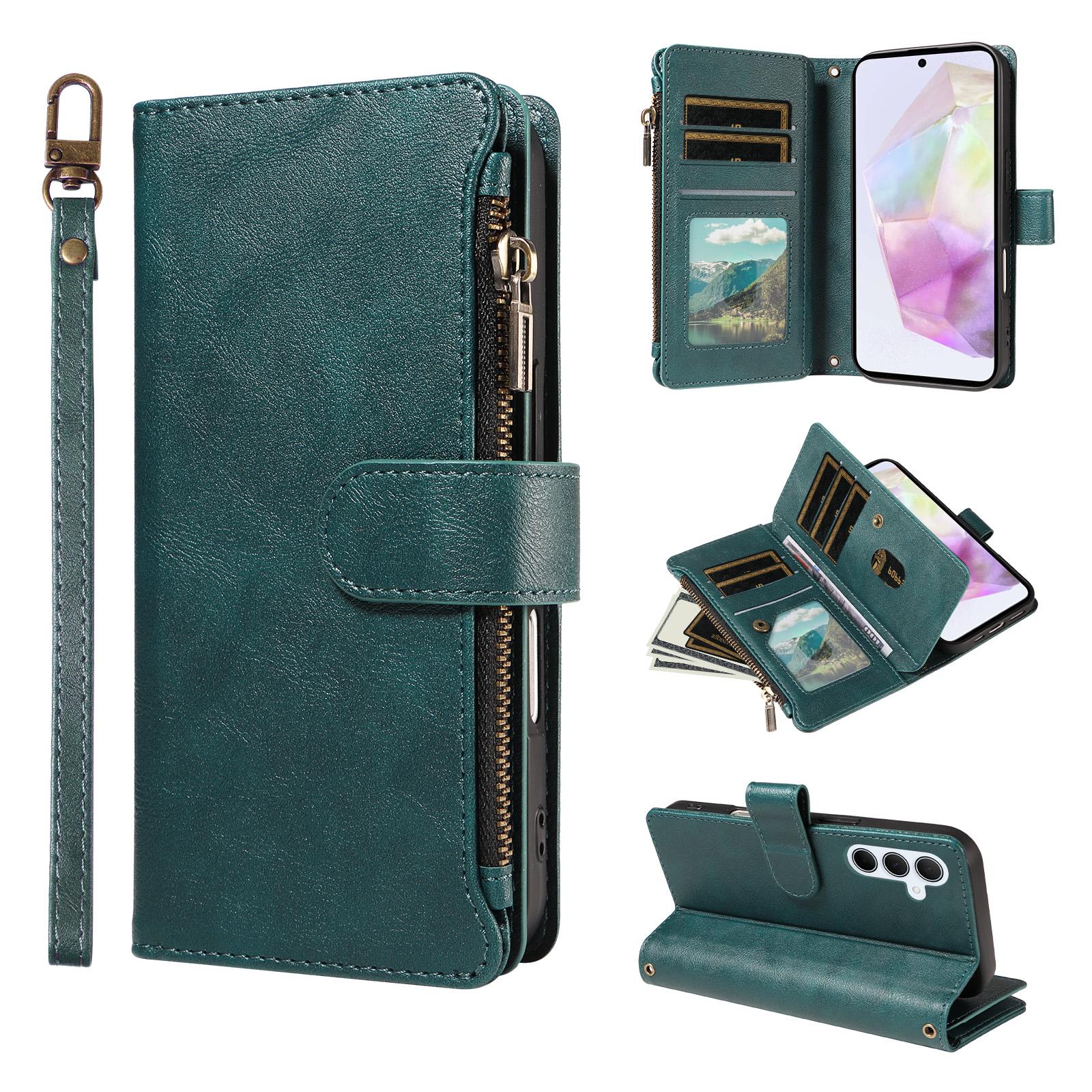 For Galaxy A35 5G Imitation Calf Vegan Leather 9 Card Slots Zipper Phone Case with Wrist Strap(Green) - Shopkiz.com