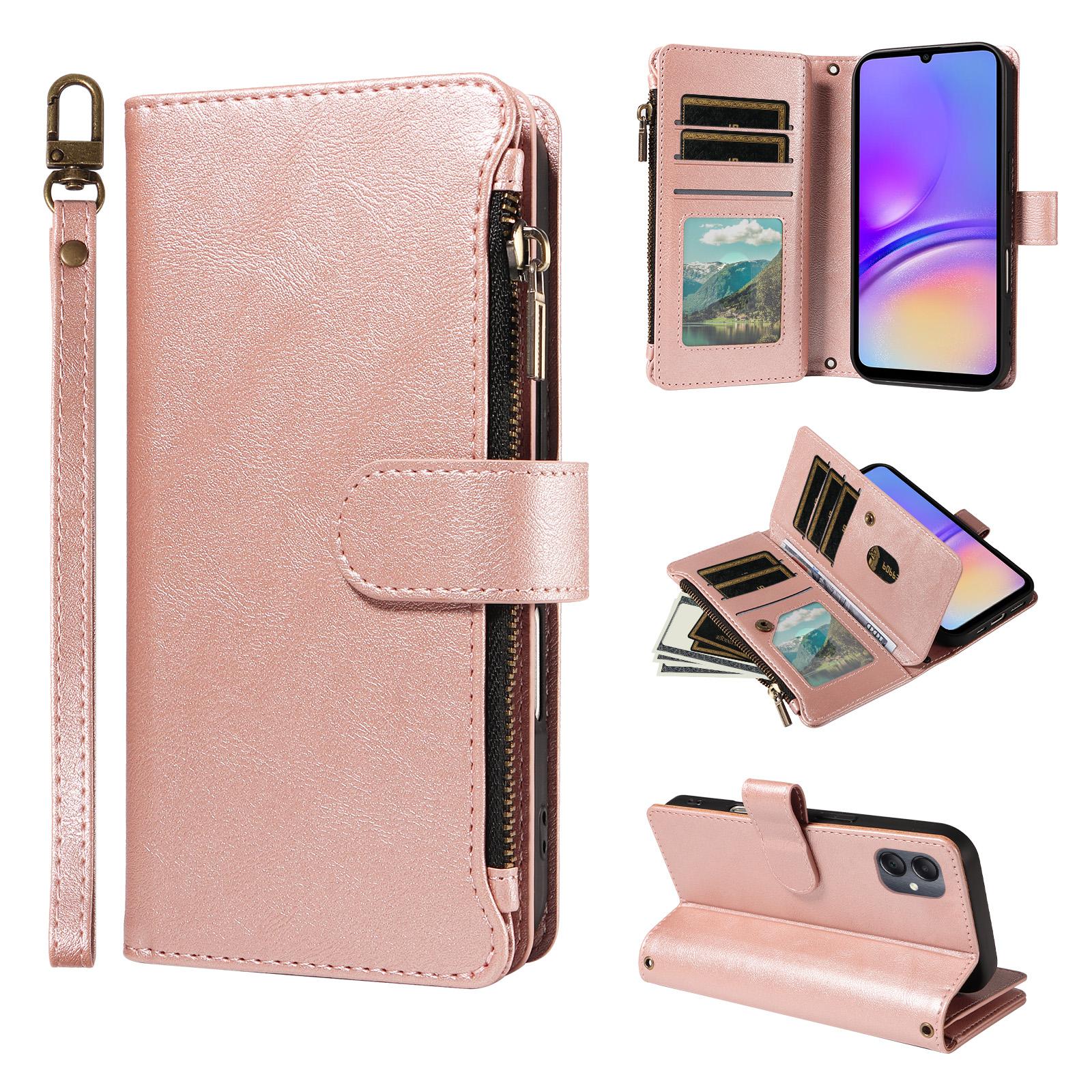 For Galaxy A05 Imitation Calf Vegan Leather 9 Card Slots Zipper Phone Case with Wrist Strap(Rose Gold) - Shopkiz.com