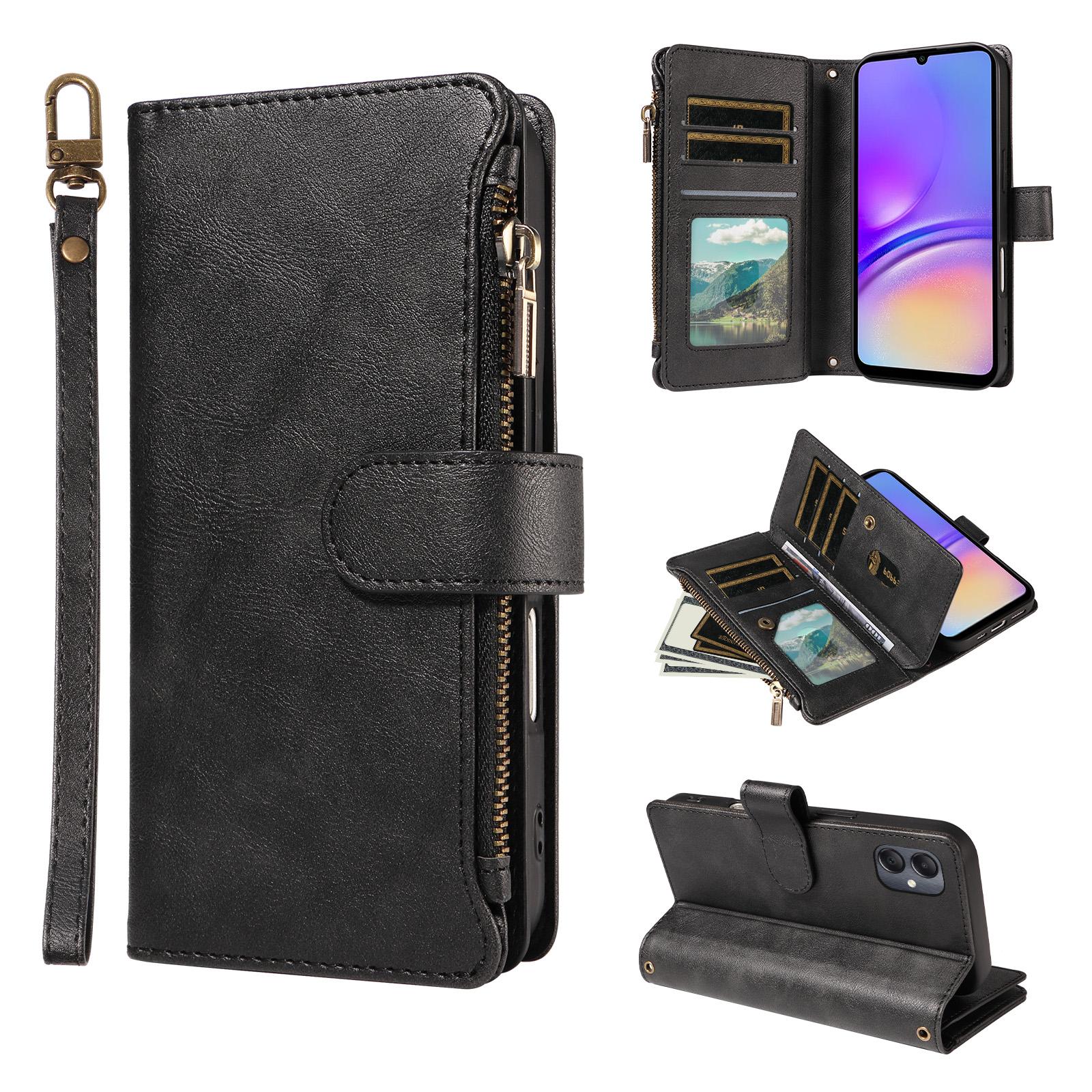 For Galaxy A05 Imitation Calf Vegan Leather 9 Card Slots Zipper Phone Case with Wrist Strap(Black) - Shopkiz.com
