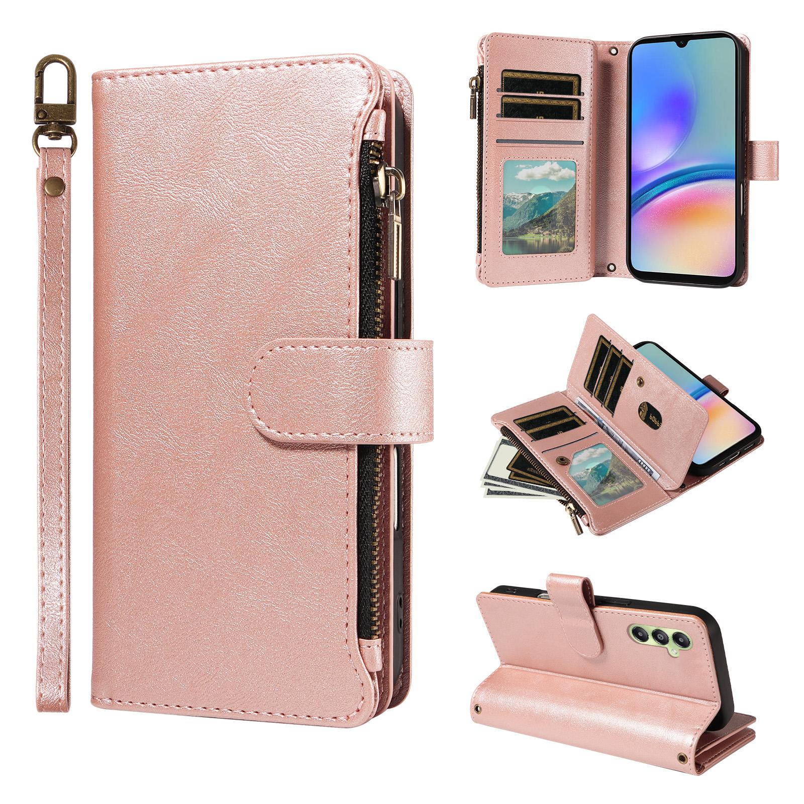 For Galaxy A05s Imitation Calf Vegan Leather 9 Card Slots Zipper Phone Case with Wrist Strap(Rose Gold) - Shopkiz.com