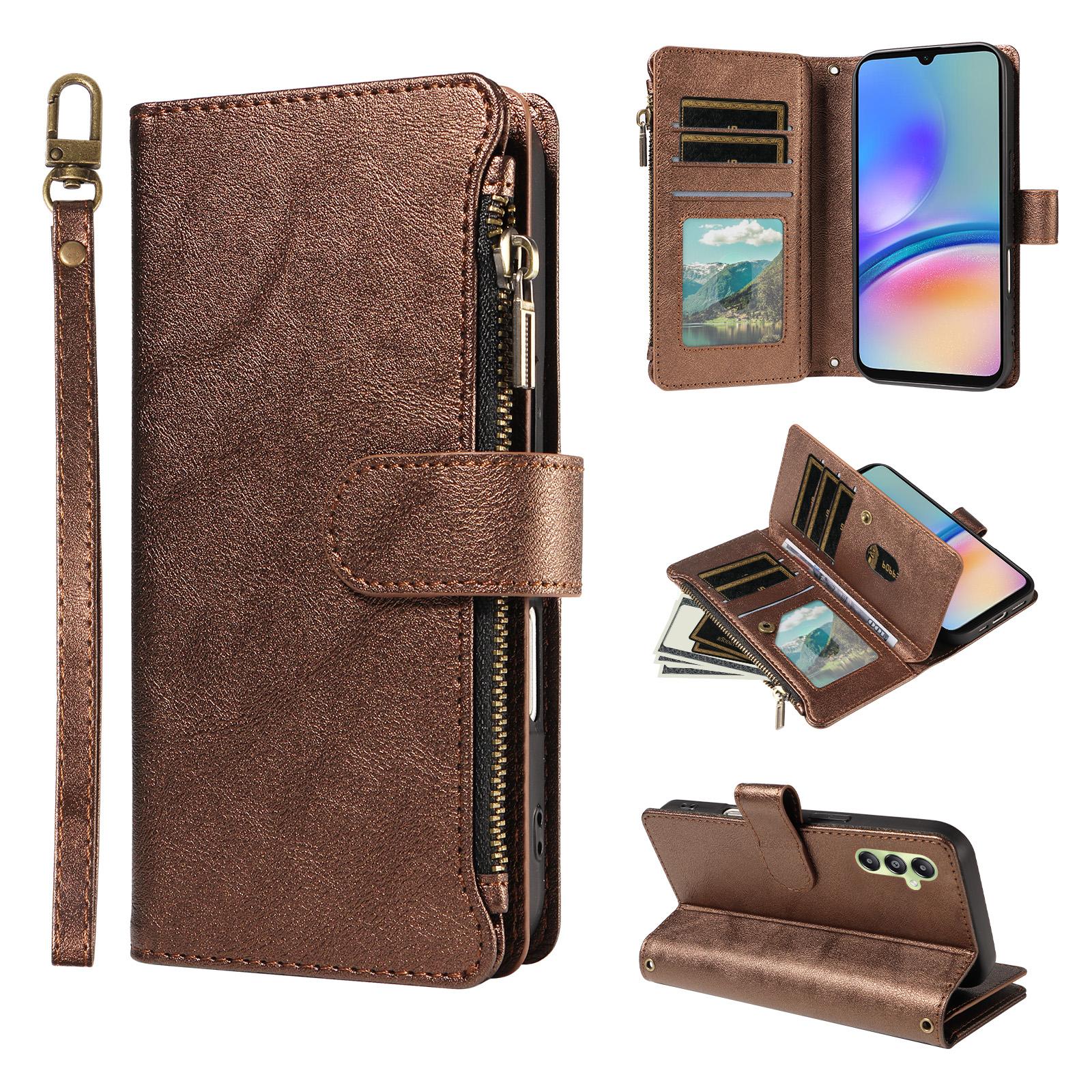 For Galaxy A05s Imitation Calf Vegan Leather 9 Card Slots Zipper Phone Case with Wrist Strap(Bronze) - Shopkiz.com