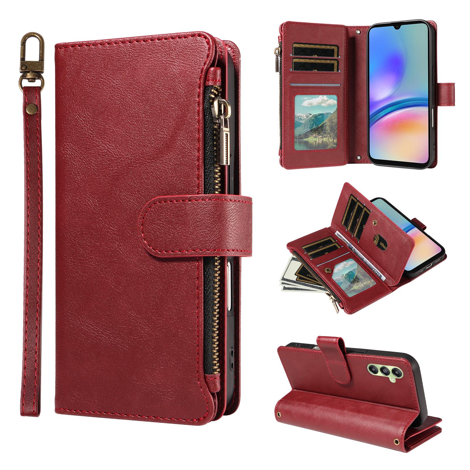 For Galaxy A05s Imitation Calf Vegan Leather 9 Card Slots Zipper Phone Case with Wrist Strap(Red) - Shopkiz.com