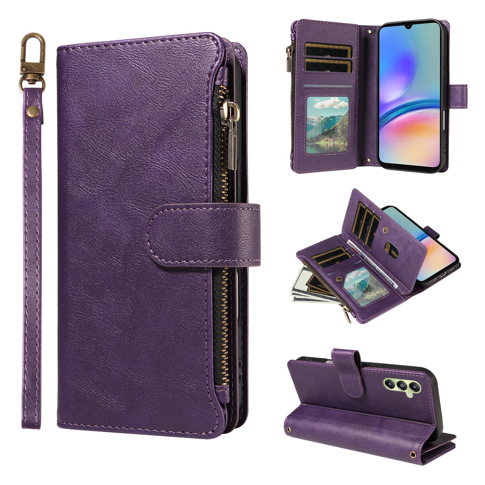 For Galaxy A05s Imitation Calf Vegan Leather 9 Card Slots Zipper Phone Case with Wrist Strap(Purple) - Shopkiz.com