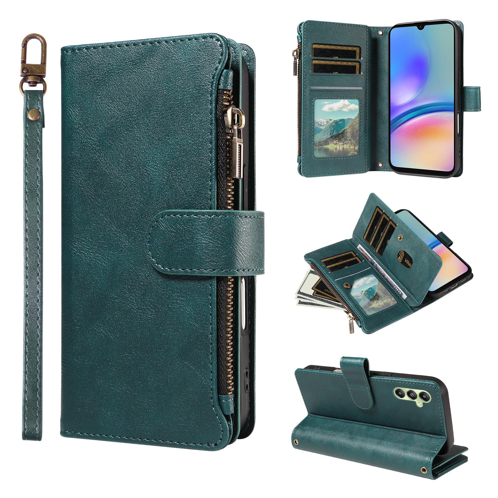 For Galaxy A05s Imitation Calf Vegan Leather 9 Card Slots Zipper Phone Case with Wrist Strap(Green) - Shopkiz.com