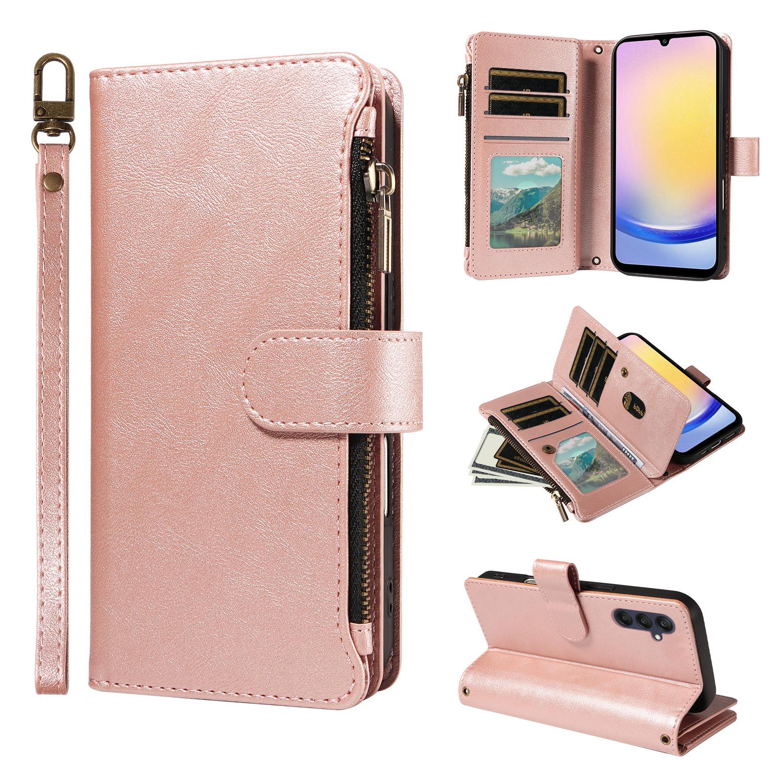 For Galaxy A25 5G Imitation Calf Vegan Leather 9 Card Slots Zipper Phone Case with Wrist Strap(Rose Gold) - Shopkiz.com