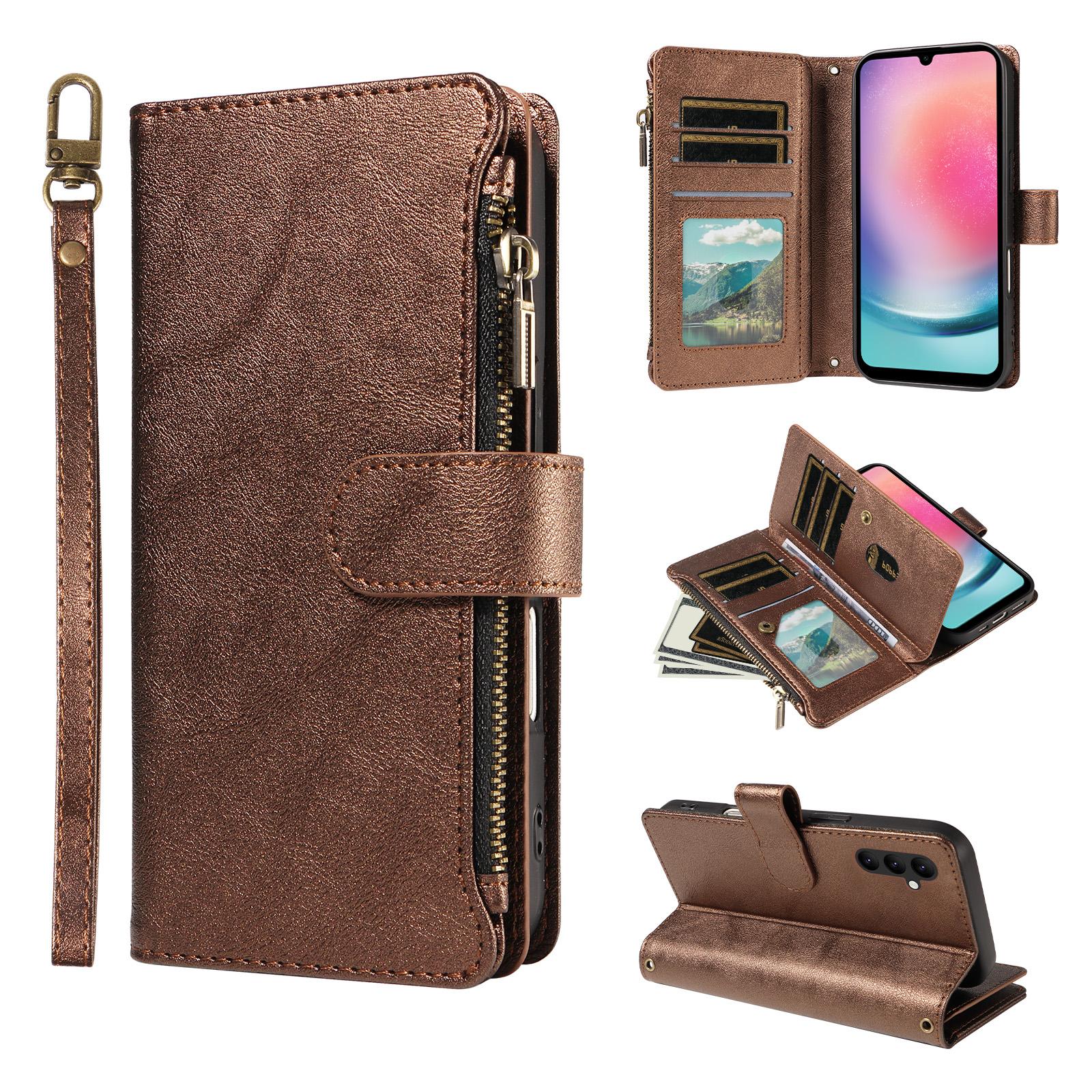 For Galaxy A24 4G Imitation Calf Vegan Leather 9 Card Slots Zipper Phone Case with Wrist Strap(Bronze) - Shopkiz.com