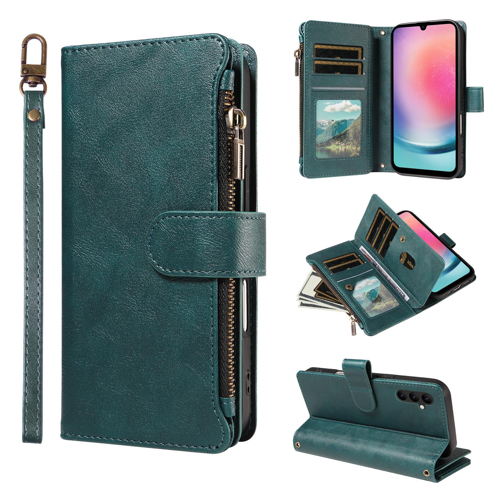 For Galaxy A24 4G Imitation Calf Vegan Leather 9 Card Slots Zipper Phone Case with Wrist Strap(Green) - Shopkiz.com