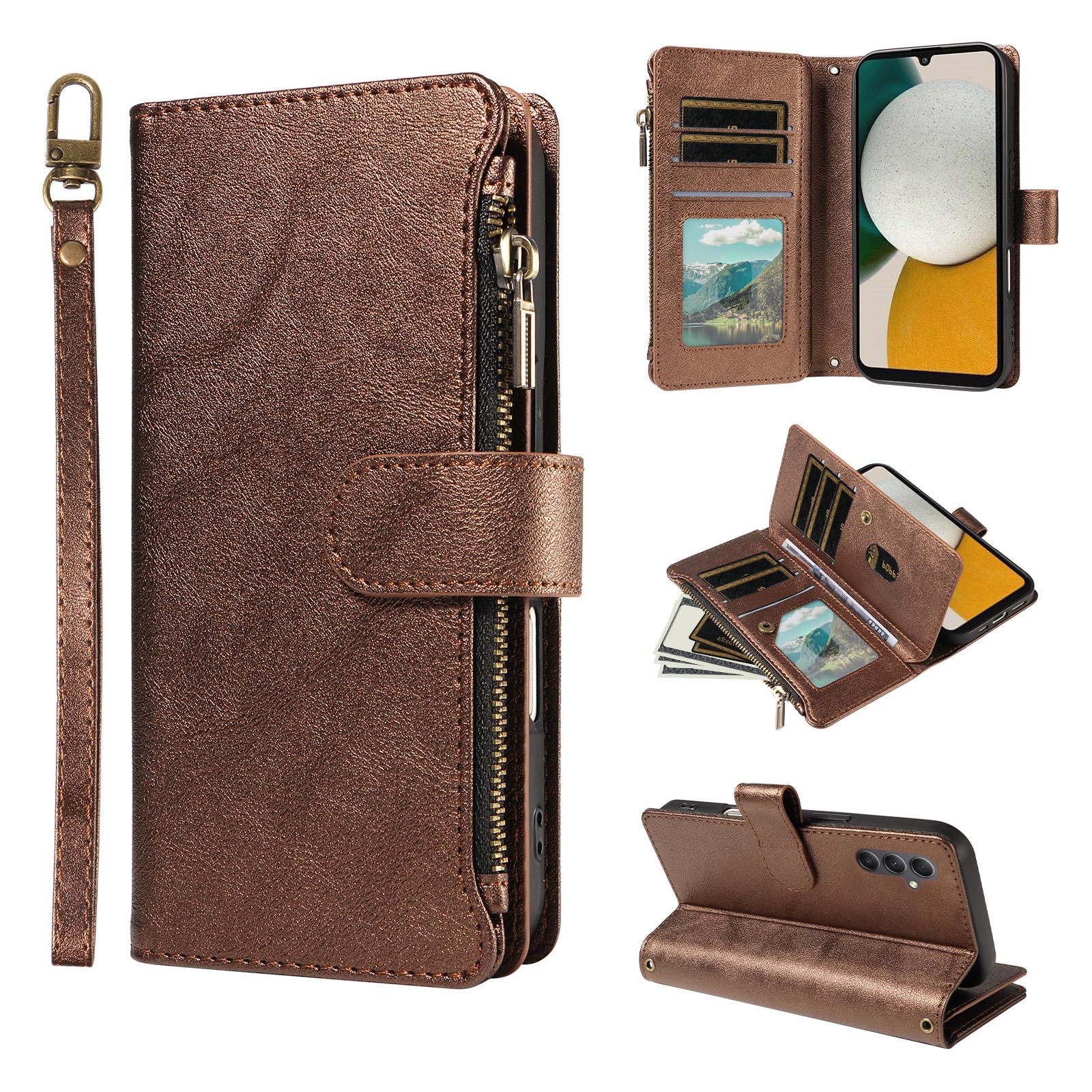 For Galaxy A34 5G Imitation Calf Vegan Leather 9 Card Slots Zipper Phone Case with Wrist Strap(Bronze) - Shopkiz.com