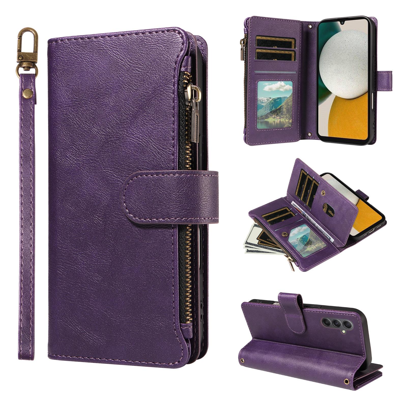 For Galaxy A34 5G Imitation Calf Vegan Leather 9 Card Slots Zipper Phone Case with Wrist Strap(Purple) - Shopkiz.com