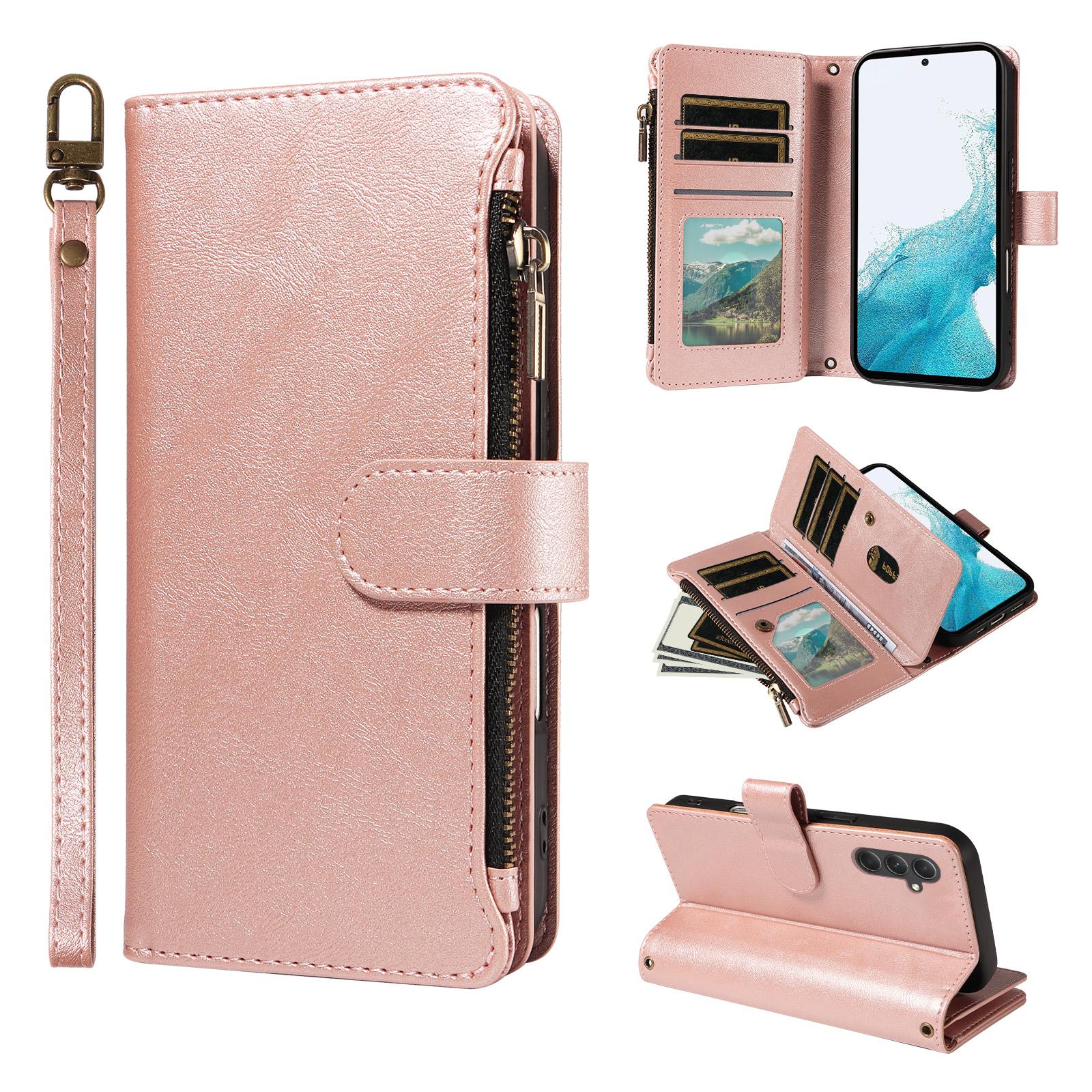 For Galaxy A54 5G Imitation Calf Vegan Leather 9 Card Slots Zipper Phone Case with Wrist Strap(Rose Gold) - Shopkiz.com