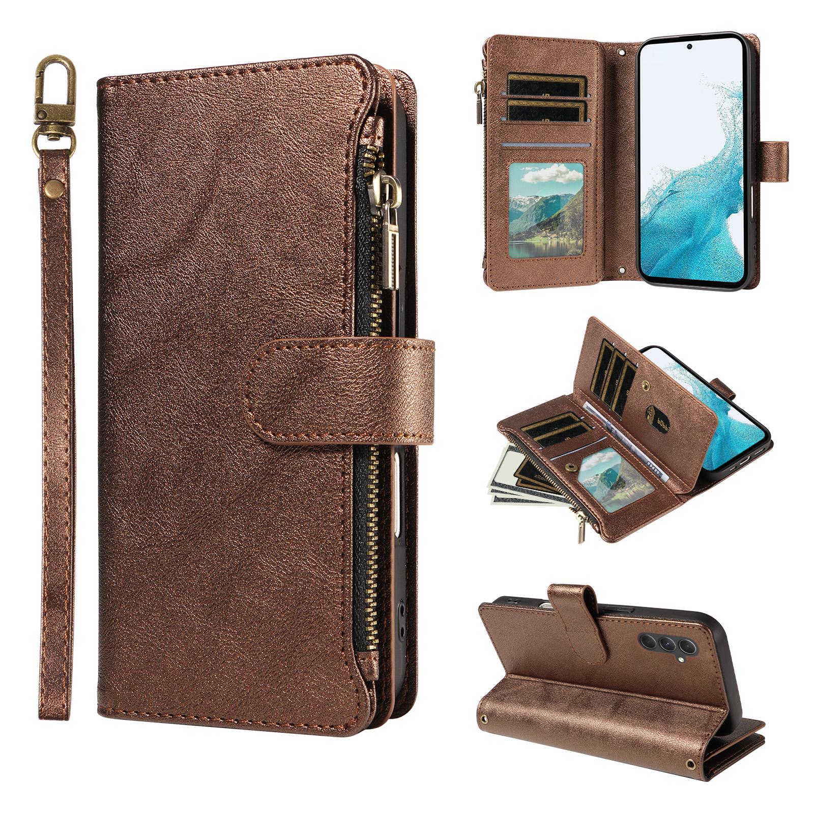 For Galaxy A54 5G Imitation Calf Vegan Leather 9 Card Slots Zipper Phone Case with Wrist Strap(Bronze) - Shopkiz.com